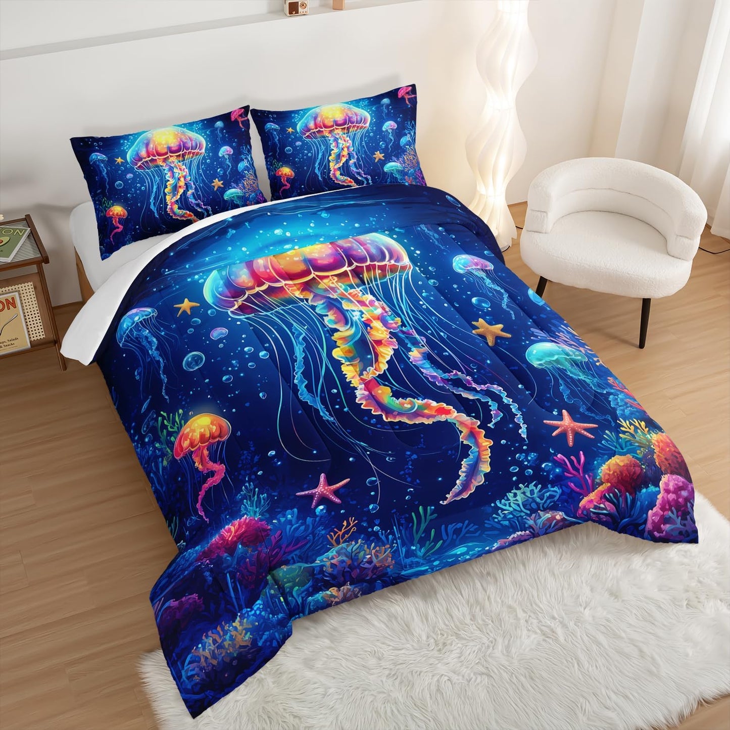 Fantasy Jellyfish Comforter Full Bedding Sets for Girls Kids Toddlers,Coral Starfish Ocean Theme Bedroom Decor,Blue Underwater World Bedding Sets with 2 Pillowcases.