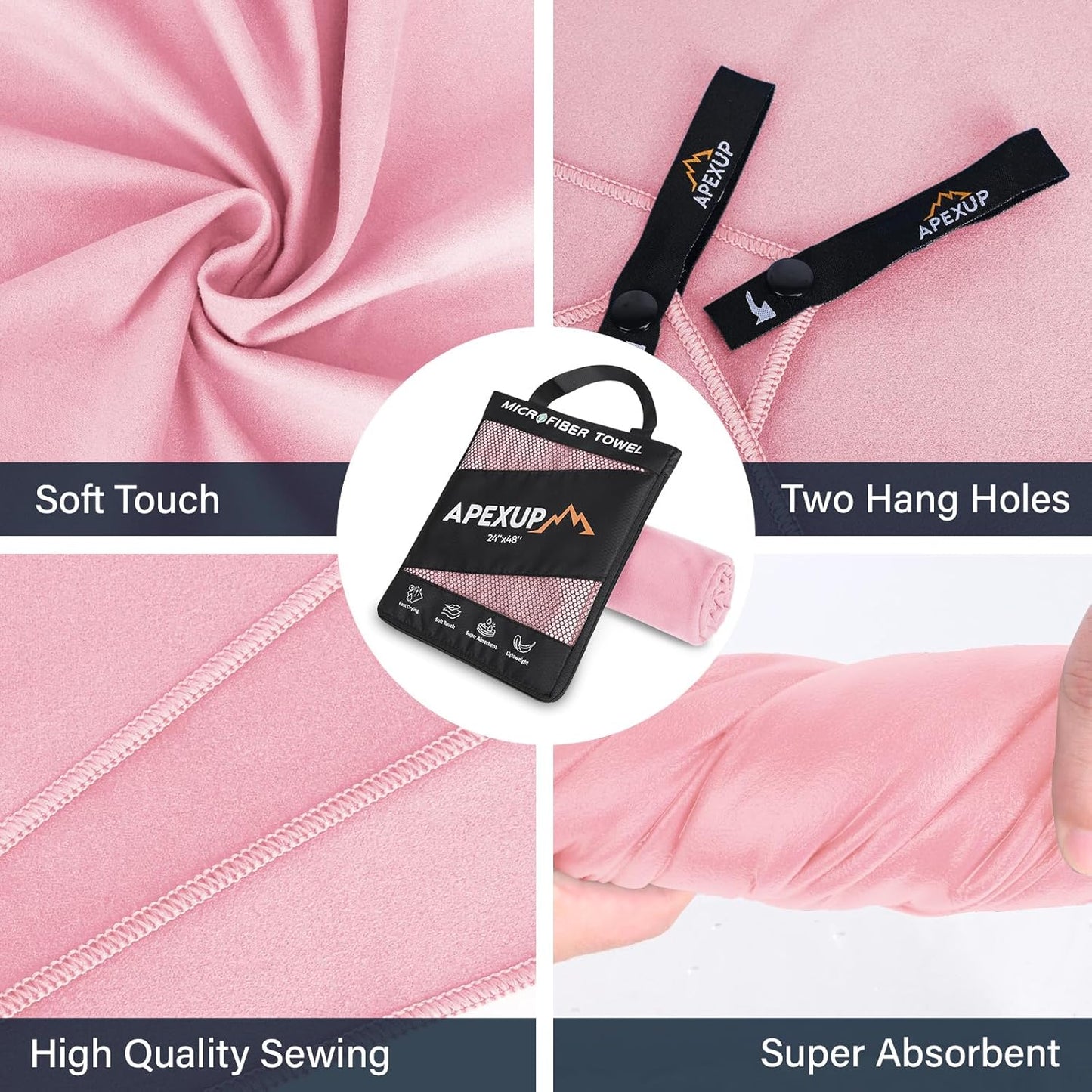 APEXUP Microfiber Travel Towel, Ultra Absorbent Quick Dry Towels, Lightweight Gym Sports Camping Towel for Workout, Yoga, Beach, Shower, Swimming (24"×12", Pale Rose)