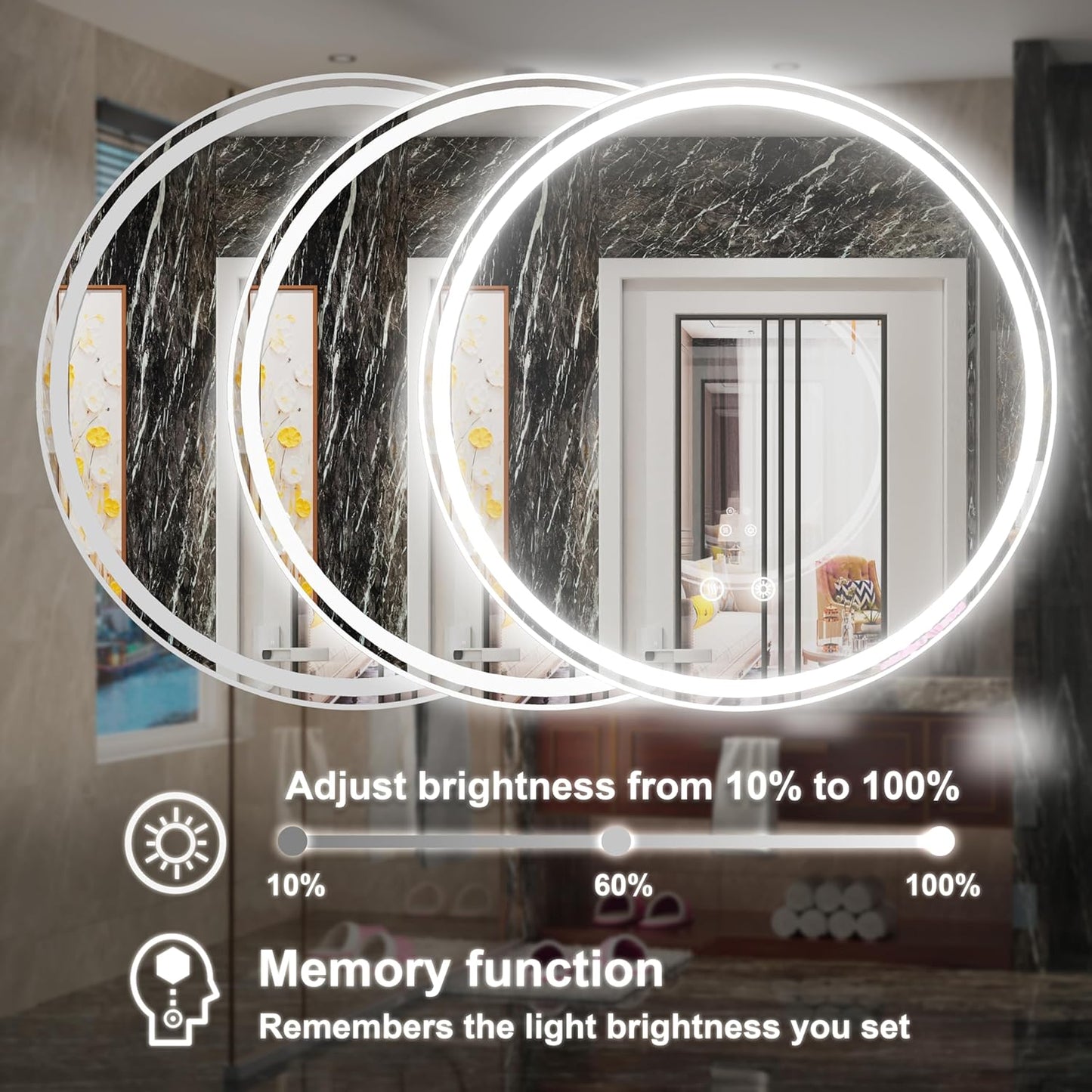 32 Inch Round LED Bathroom Mirror with Anti-Fog, Dimmable Front & Backlit Lights, 6000K Daylight, Frameless, 5mm HD Glass, Memory Function, Touch Control