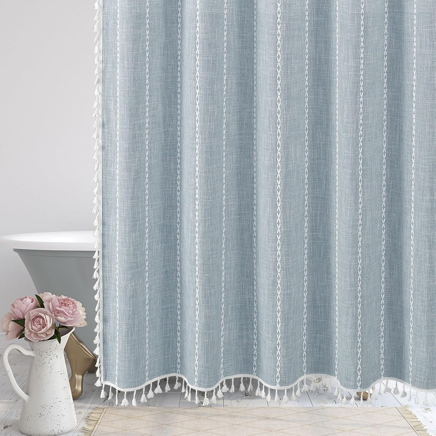 MitoVilla Boho Extra Long Shower Curtain 72 x 96, Blue Modern Farmhouse 96 inch XL Polyester Linen Texture Tassel Fabric Shower Curtain Set with Hooks for Cottagecore Country Bathroom Decor,Blue