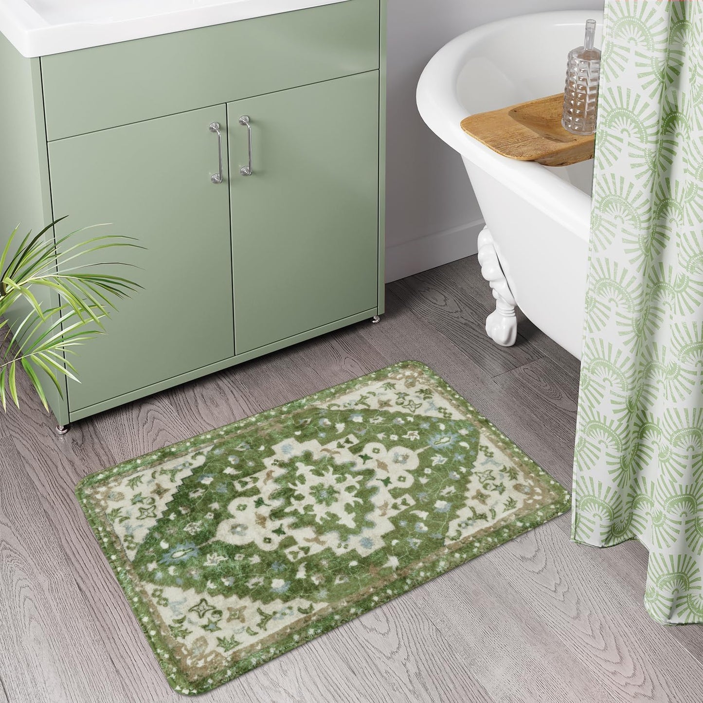 Uphome Boho Vintage Bathroom Rug Sage Green Non-Slip Soft Bathroom Mat Oriental Tribal Machine Washable Bath Rugs Traditional Floral Aesthetic Floor Mats for Shower Sink Tub, 20x31 inch