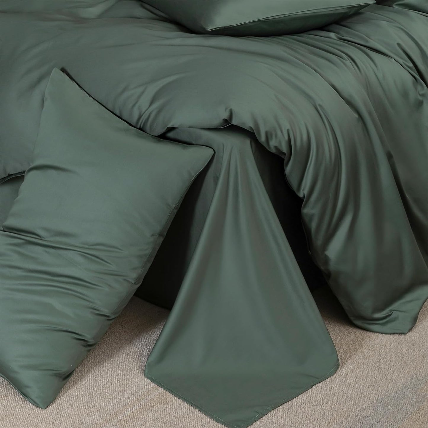 MooMee Queen Duvet Cover Set, 100% Extra Long Staple Cotton 600 Thread Count Sateen Silky Soft Breathable Durable Luxury Hotel Quality Bedding Set, 3 Pieces (Dark Green, Queen 90"x90")