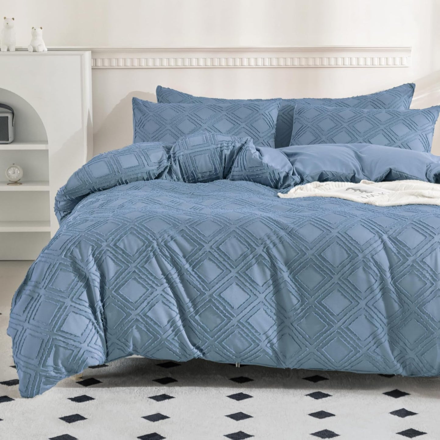 JELLYMONI Duvet Cover Twin Size Blue - 3PCS Boho Duvet Cover Set Plaid Polyester Tufted Bohemian Jacquard Knit Textured Comforter Cover 68×90in Rhombic Geometric Pattern Corner Ties & Zipper