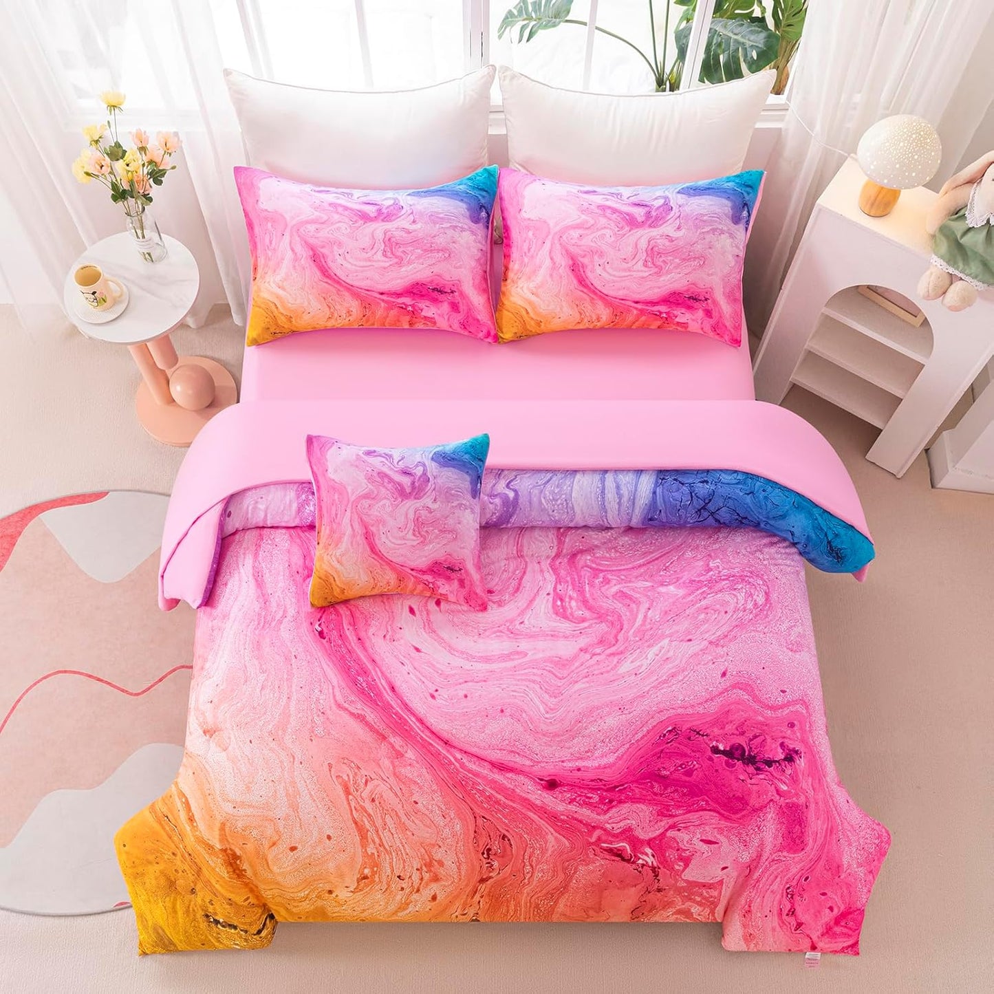 4Pcs Tie Dye Full Size Comforter Set for Girls Kids, Colorful Girls Bedding Set Full, Soft Kids Bed in A Bag (1 Comforter, 1 Flat Sheet, 2 Pillowcases)