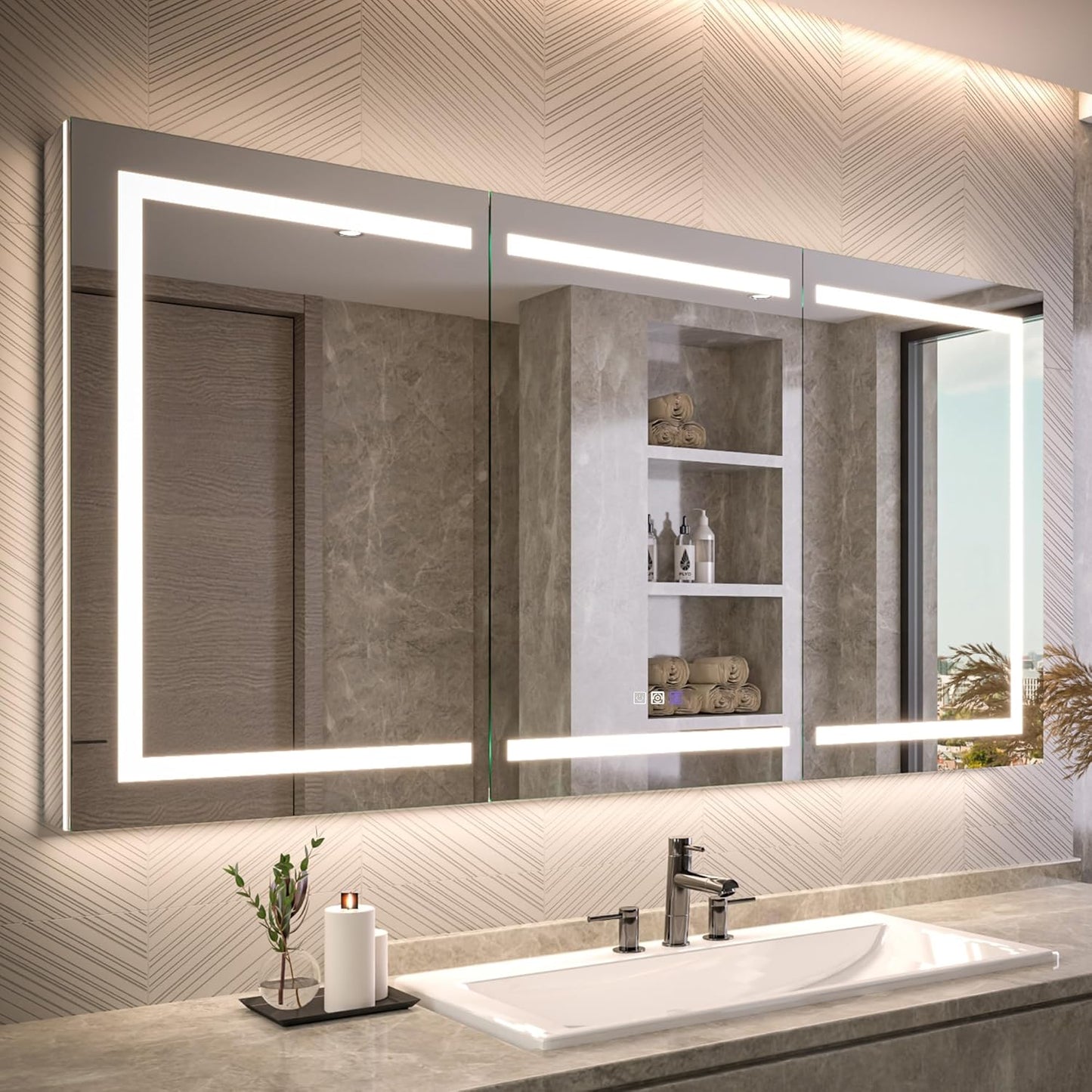 Lighted Medicine Cabinet with Mirror 72"x36" Recessed LED Medicine Cabinet Mirror, Front&Backlit, Anti-Fog, Stepless Dimming, 3-Color Temperatures, Magnifier, 2 Outlets, Storage Shelves, ETL Certified