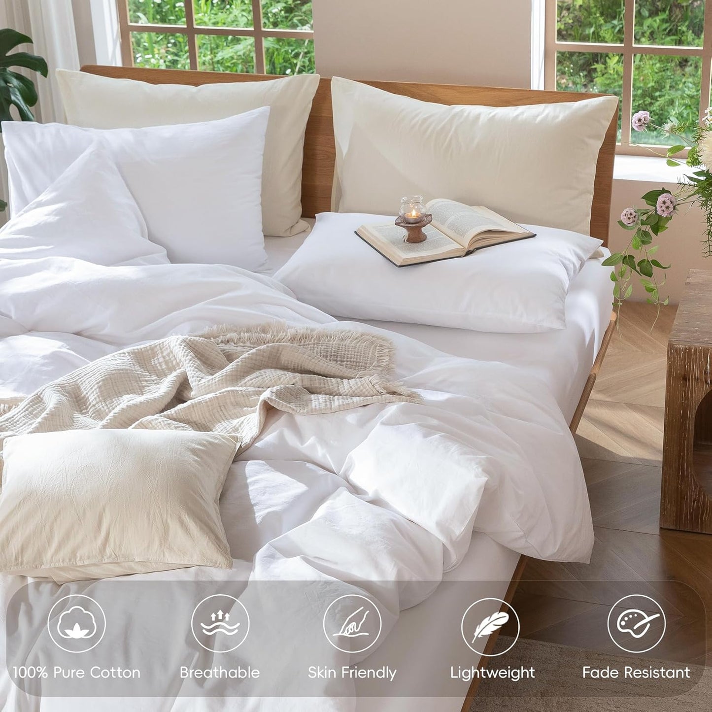 MooMee Bedding Duvet Cover Set 100% Washed Cotton Linen Like Textured Breathable Durable Soft Comfy (Solid Bright White, King 104"x90")