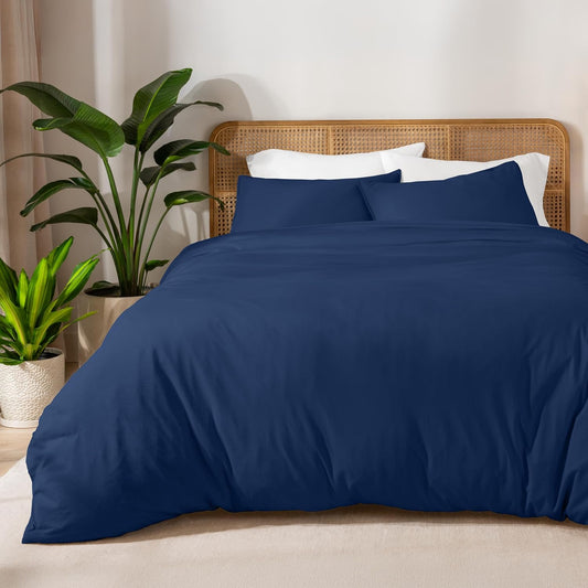Bare Home 100% Organic Cotton Jersey Duvet Cover Set - Full/Queen Size - Ultra Soft - 100% Cotton - 3pcs - Corner Ties - Button Closure - Bedding Duvet Cover & Pillow Shams (Full/Queen, Dark Blue)