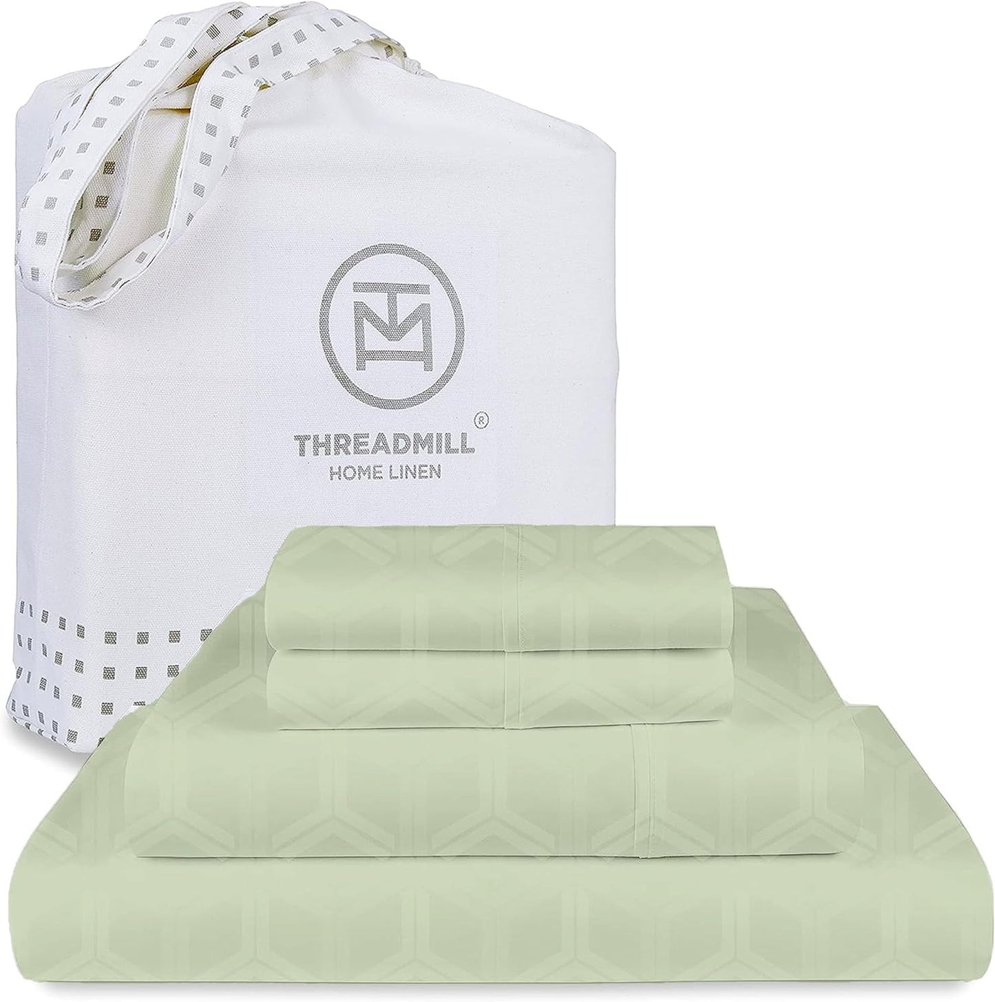 Threadmill 100% Cotton Sheets for Queen Size Bed - 600 Thread Count Queen Bed Sheets Set with 16” Deep Pocket - Jacquard Sateen Weave 4-Piece Bedding Set with Cooling Effect, Sage Green