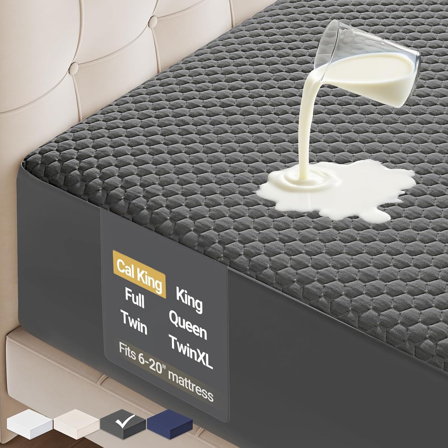 OhGeni 100% Waterproof Mattress Protector, California King-Gray, Fits 6"-20" Mattresses Deep Pocket, Cooling for Taller Person, Breathable Fitted Sheets, Soft Bed Cover, Noiseless, Machine Washable