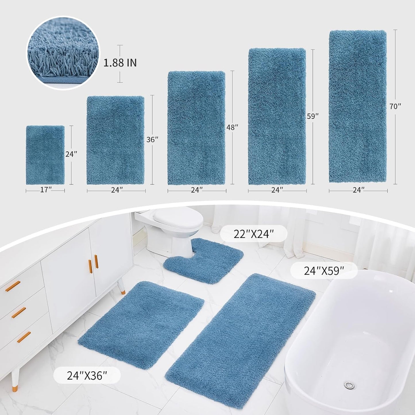 Blue Bathroom Runner Rug 24x59 Non Slip Fluffy Long Bath Mat for Bathroom Floor Washable Plush Luxury Bath Rug for Tub Absorbent Shower Sink Mat Bedside Rug