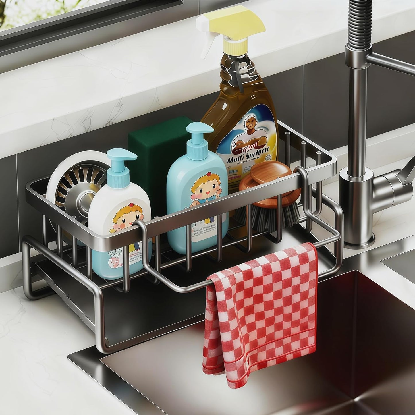 Sponge Holder for Kitchen, Sink Caddy Organizer Rack for Kitchen Accessories, Soap Dispenser Countertop Organizer Essentials for Home (Grey)