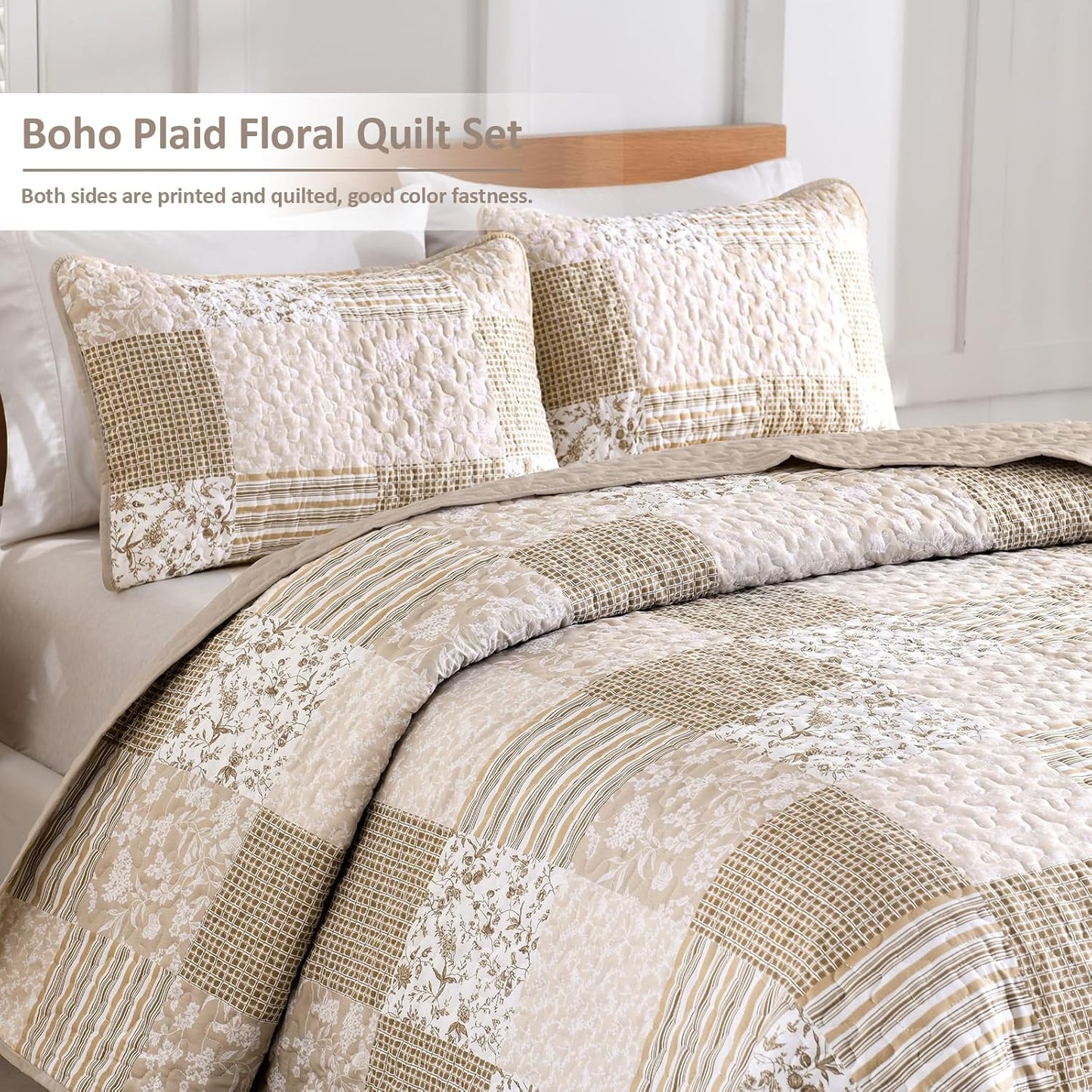 Mybedsoul Beige Boho Quilt Set Queen Size, 3 Pieces Plaid Floral Bedspread Set Patchwork Reversible Bedding Set Microfiber Bedding Bedspread Coverlet Set for All Season 90"x96"
