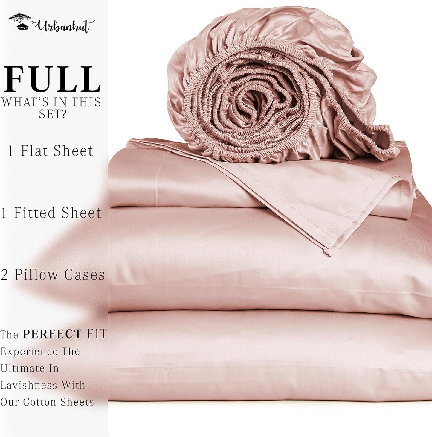URBANHUT 1000 Thread Count Egyptian Cotton Full Size Sheet Set 4 Pc Bed Sheets, Soft & Breathable, Luxury Hotel Sheets Fits 16" Elasticized Deep Pocket, Sateen Weave, Solid - Blush Pink