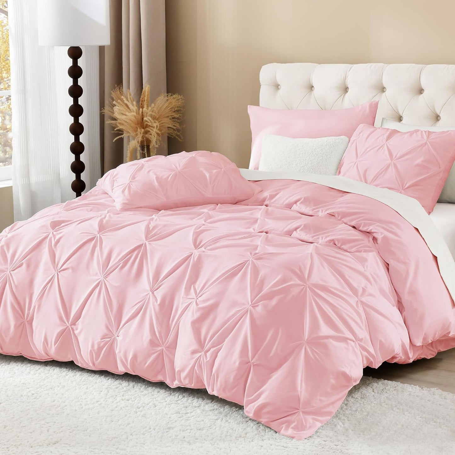 Litanika Pink Queen Pinch Pleat Duvet Cover, 3 Pieces Pintuck Cover Soft Microfiber Bedding Set with Zipper Closure & Corner Ties(90x90Inch-1 Duvet Cover, 2 Pillowcases)