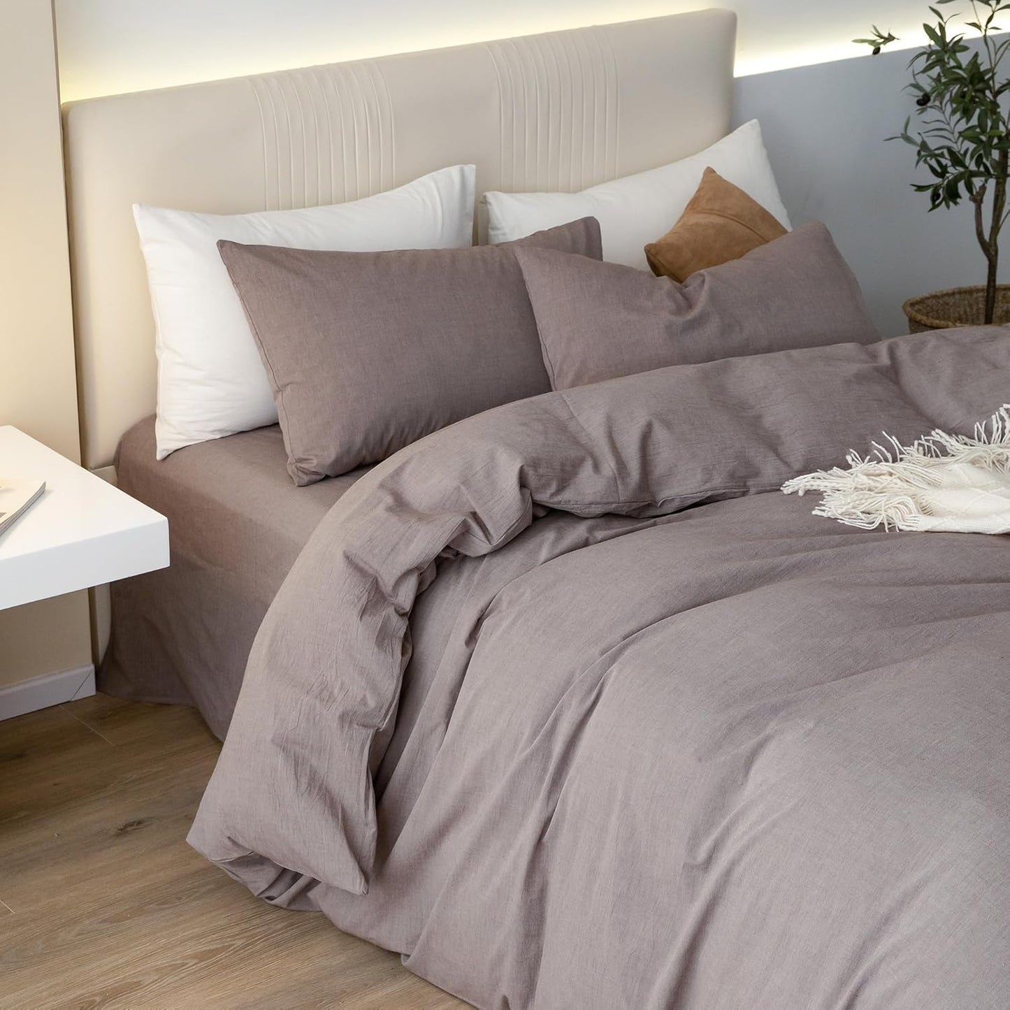 JIYUAN 100% Washed Cotton Duvet Cover Set 2 Pieces Twin, 1 Duvet Cover 68x90 Inches(Comforter Not Included) and 1 Pillowcases,Linen Feel Bedding Set Comfy and Breathable, Heathered Mauve Brown