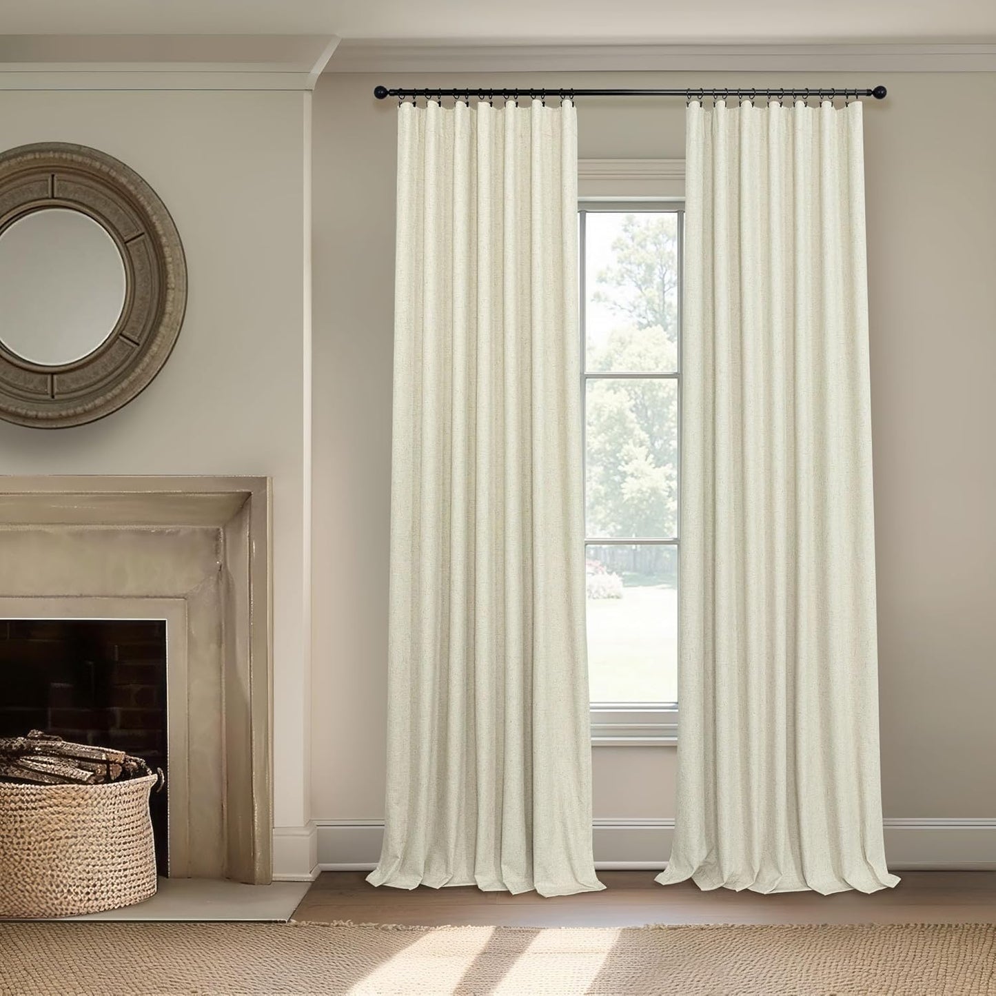 Cream Beige Blackout Curtains 90 Inches Long Thick Linen Patio Curtains for Sliding Glass Doors Cute Black Out Curtain for Nursery Bedroom Aesthetic Back Tab Pocket Pleated Drape 2 Panels 52x90 Length