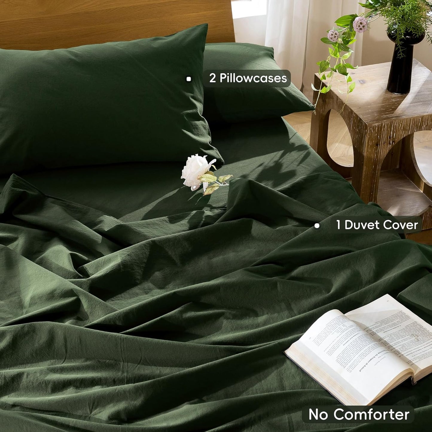 MooMee Bedding Duvet Cover Set 100% Washed Cotton Linen Like Textured Breathable Durable Soft Comfy (Solid Forest Green, Oversized King Plus 128"x120")