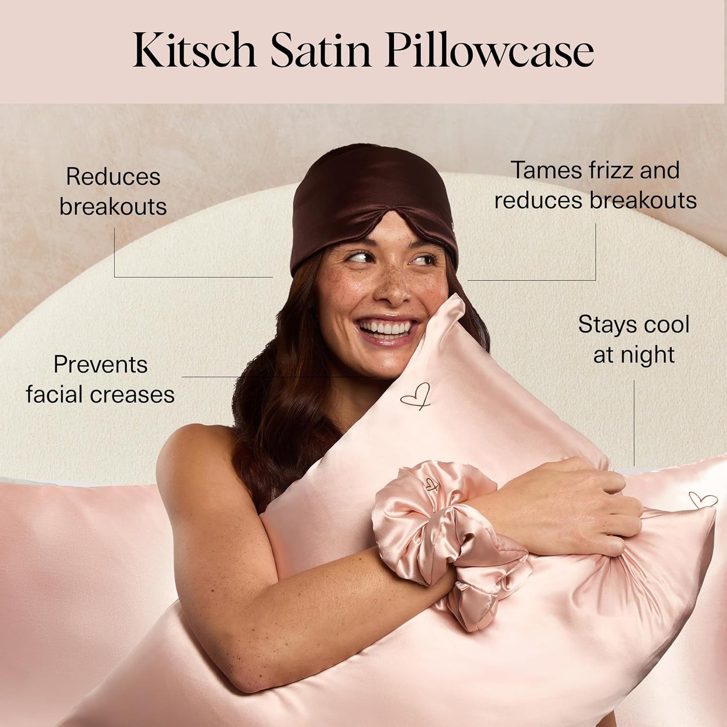 Kitsch Night time Renewal 3PC Sleep Set - Satin Pillowcase with Zipper for Hair & Skin - Softer Than Silk, Queen/Standard Size with Satin Pillow Scrunchie No-Damage Hair Tie and Satin Pillow Eye Mask
