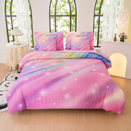 Full Comforter Set for Girls Galaxy Bedding 7pieces, Ombre Bedding Comforter Sets Rainbow Comforter, Twill Pink