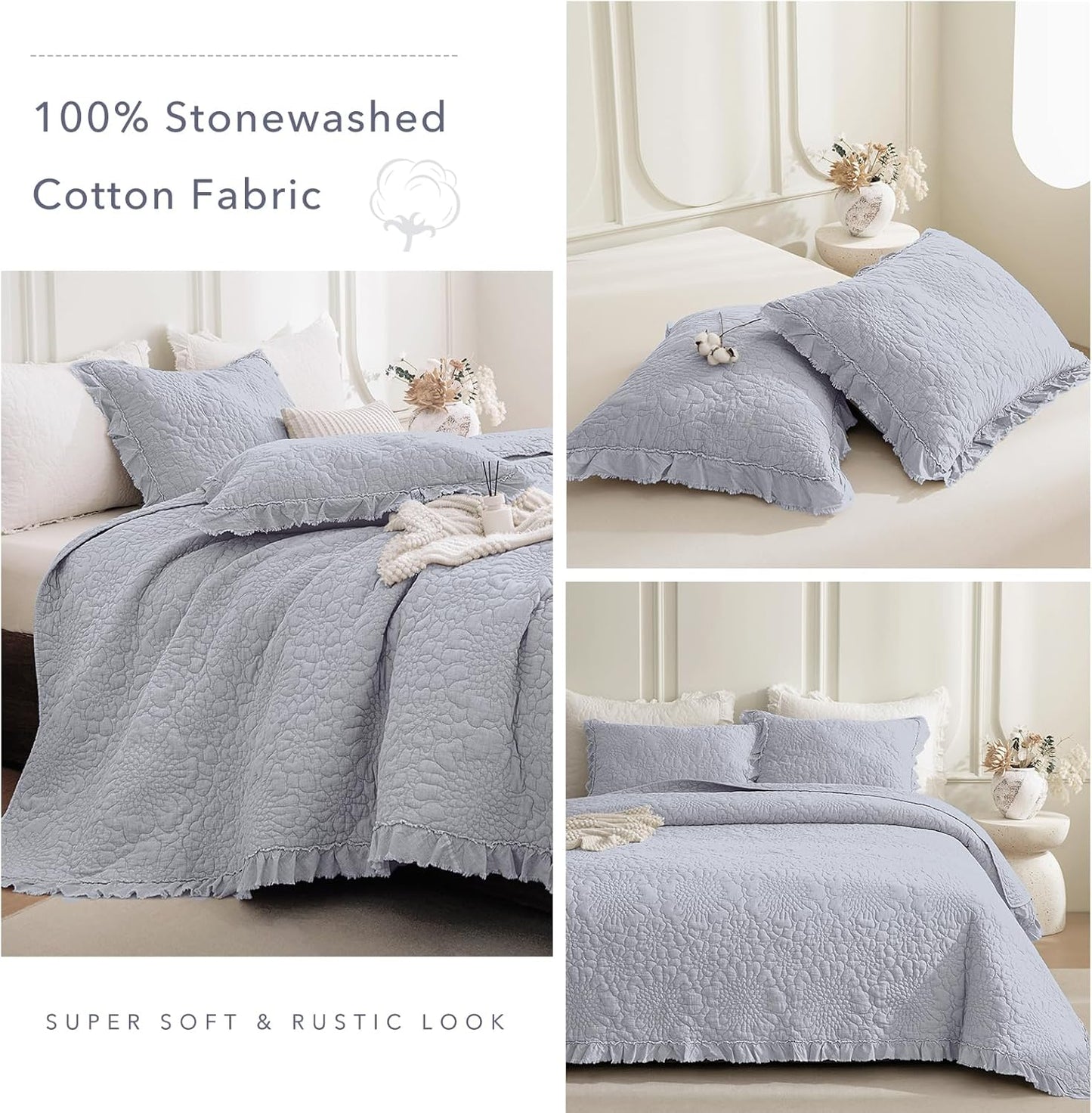 QSH 3PCs Cornflower Blue Ruffled Quilt Queen Size (90"x98"), Stonewashed Cotton Quilt Set, Soft Lightweight Crinkled Bedspread Coverlet Queen Shabby Farmhouse Chic Bedspreads Bed Set with Pillow Sham