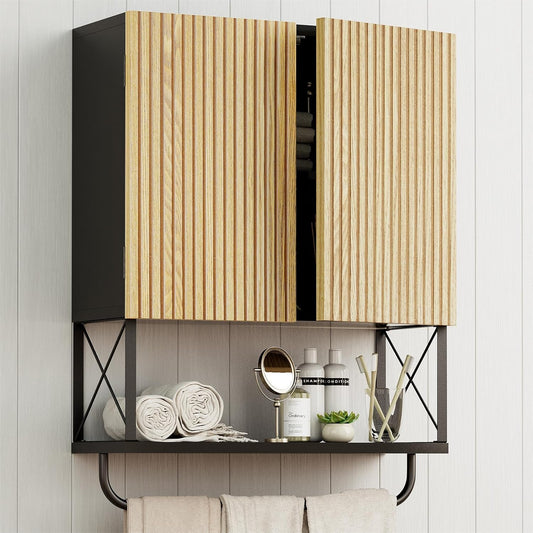 Bathroom Wall Medicine Cabinet, Fluted Hanging Wall Mounted Cabinet with Towel Bar, Above Toilet Storage Cabinet for Bathroom Organizers and Storage, Medium Size, Black