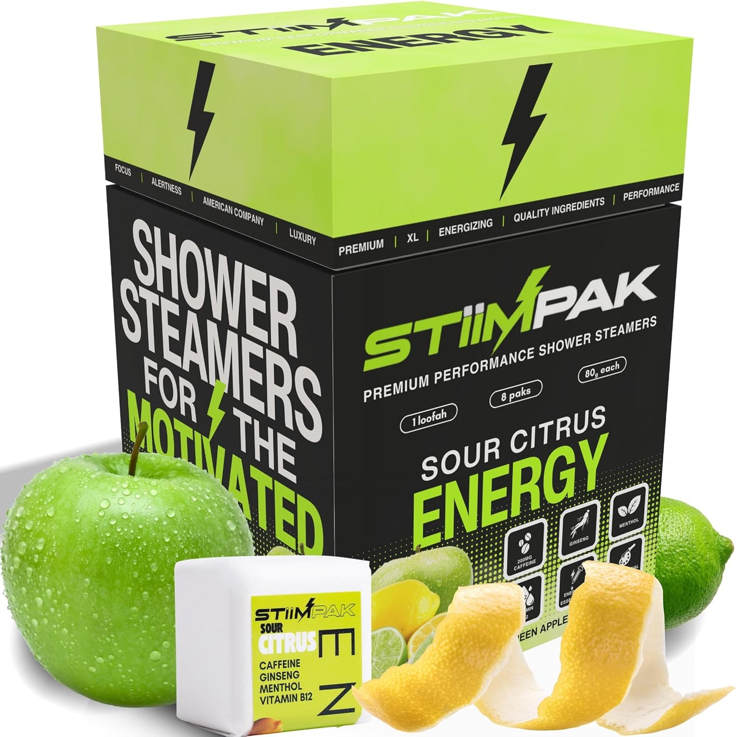 Shower Steamers | Energy | XXL 80g Long Lasting | Caffeine, B12, Ginseng, & Menthol | Gift for Men & Women | Extra Strength Aromatherapy for Focus & Productivity | Sour Citrus | STiiMPAK (8 Pack)