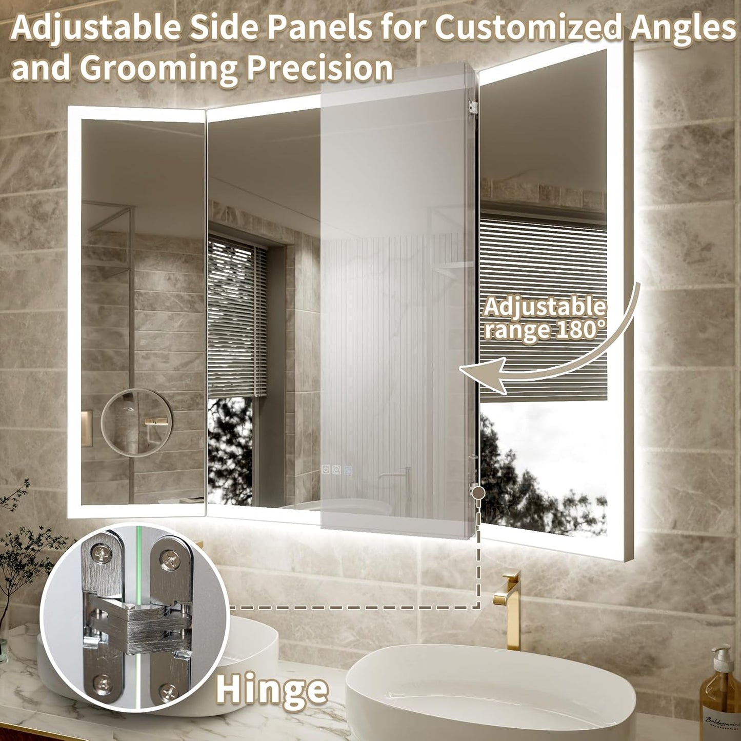 48x36 Trifold Bathroom Mirror with Lights with Removable Magnifier, 180° Foldable LED Mirror for Bathroom, Front&Backlit, Wall Mounted, Stepless Dimming, Color Temper Change, Anti Fog