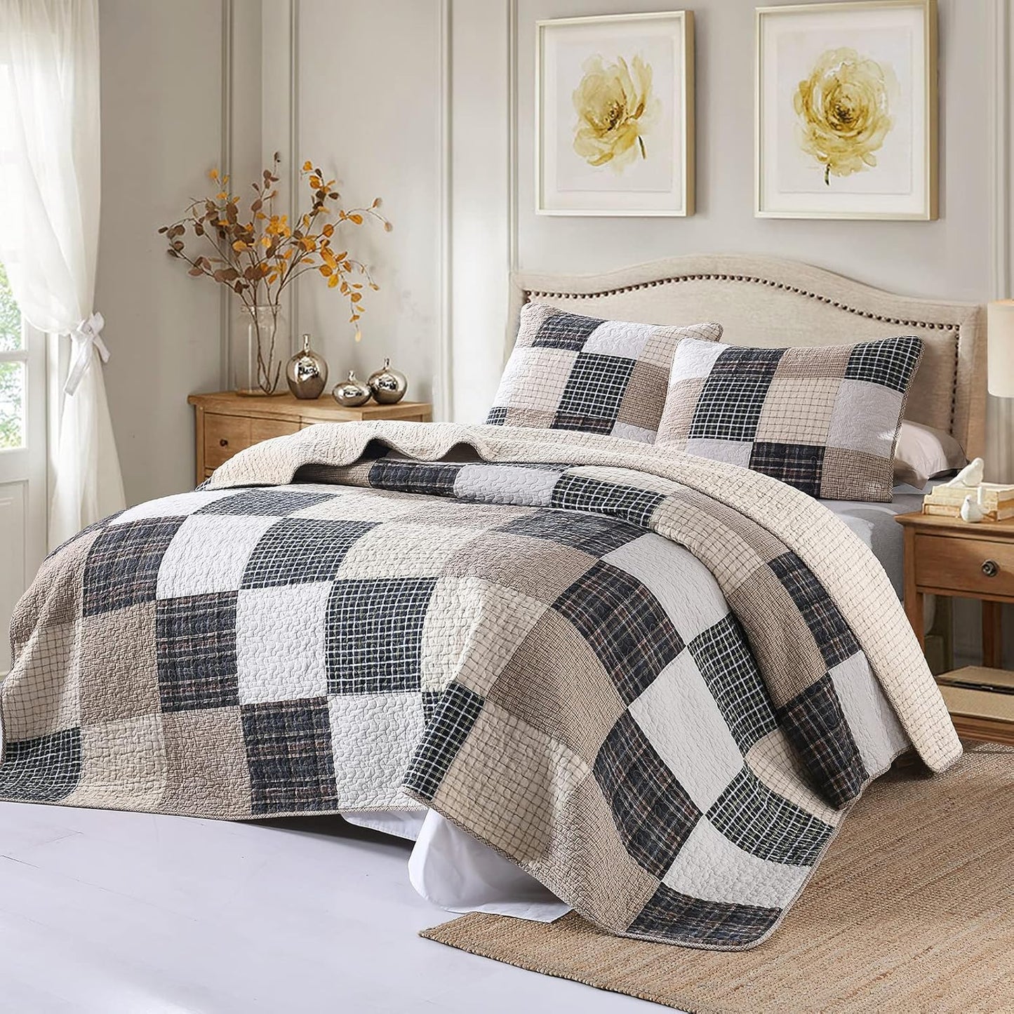 Y-PLWOMEN Quilts Queen Size, 100% Cotton Queen Quilt Set, Brown Khaki Black White Patchwork Plaid Queen Size Bedspread, Lightweight Reversible Soft Summer Quilt Bedding Set, 3-Pieces