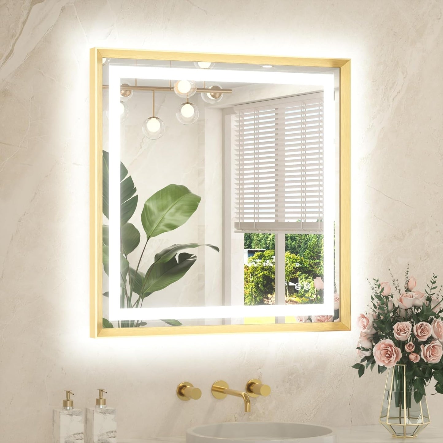 TETOTE Led Bathroom Mirror 30 x 30 with Brushed Gold Frame Anti-Fog Frontlit & Backlit Vanity Mirror Stepless Dimmable Lighted Mirrors for Bathroom Wall 3 Colors White/Warm/Natural Wall-Mounted