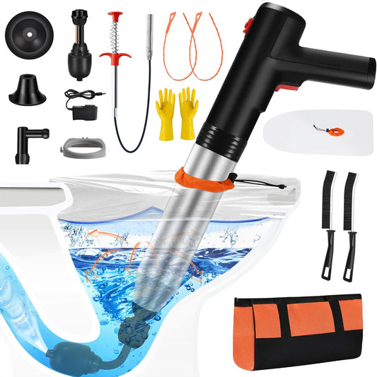 Electric Toilet Plunger, Drain Unclogger Plungers High Pressure Air Drain Blaster with Drain Auger, Splash-free Plungers for Bathroom, Plumbing Snake for Toilet, Clog Remover Heavy Duty(Black)