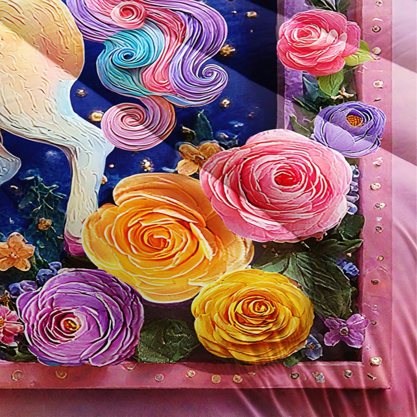 Pink Purple Rainbow Unicorn Flower Comforter Set Queen for Kids Girls，Girls Unicorn and Rainbows Bedding Sets Queen，with 1 Comforter with 2 Pillow Case，Unicorn Bedroom Decor and Bedding Set