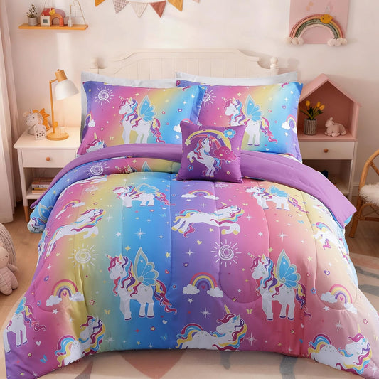 Full Size Comforter Set for Girls-4 Pieces Rainbow Unicorn Patterns Full Bedding Set with 1 Comforter, 1 Decor Pillow &2 Pillow Shams