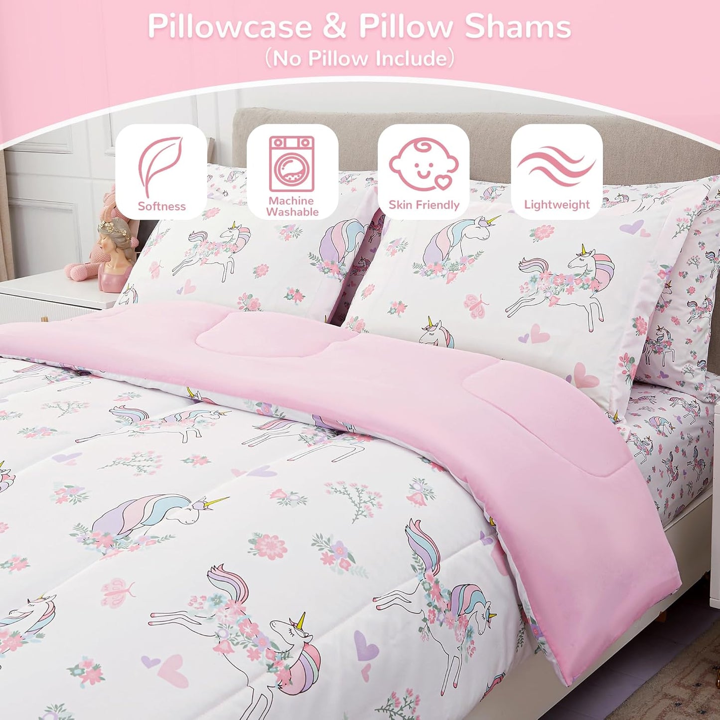 Viviland Kids Twin Bedding Sets for Girls, Soft Twin Comforter Set with Sheets, 5 Pieces Microfiber Bed in a Bag, White Unicorn