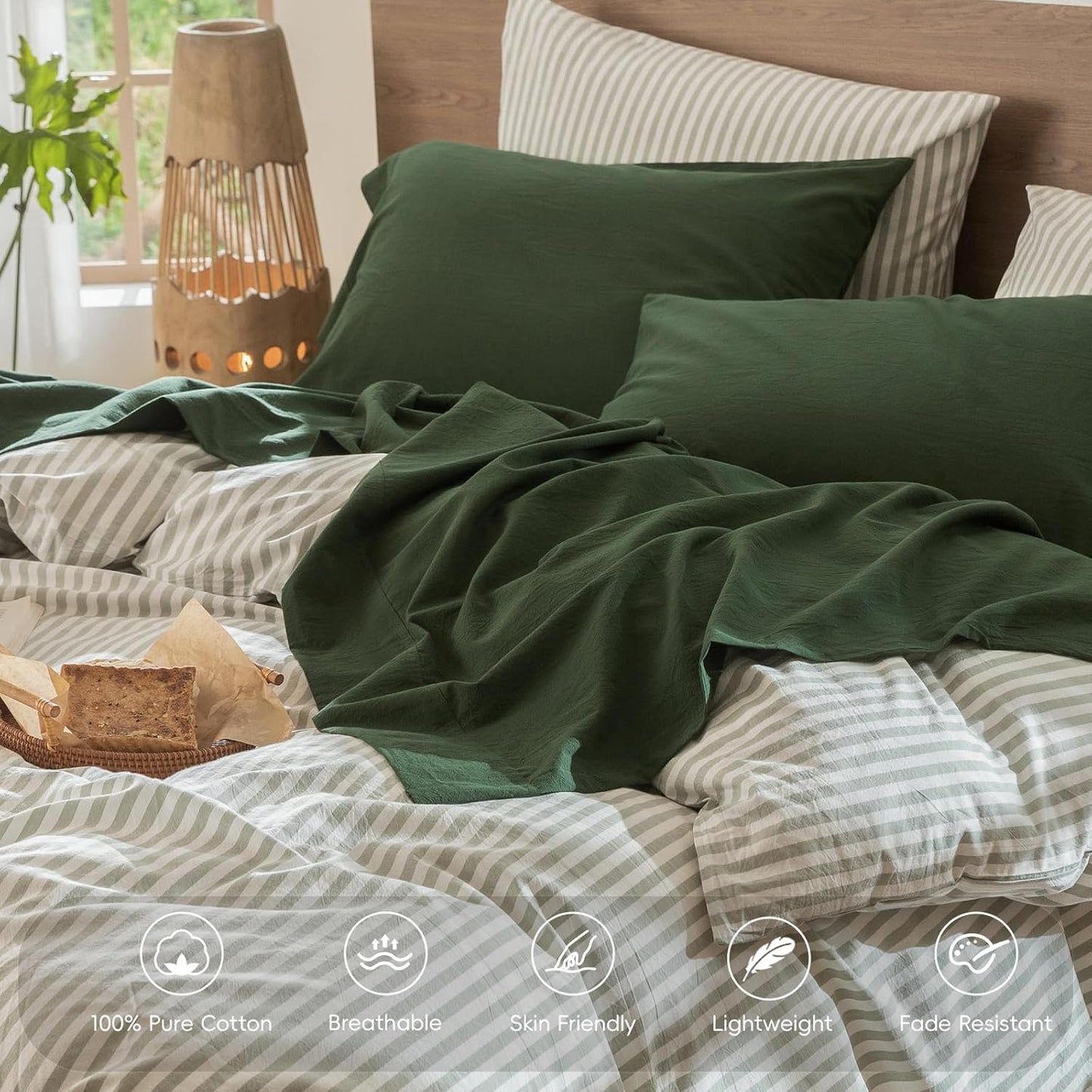 MooMee Bedding Sheet Set 100% Washed Cotton Linen Like Textured Breathable Durable Soft Comfy (Solid Forest Green, Full)