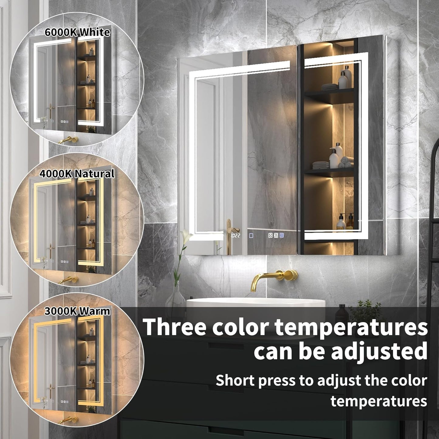 36"x32"Lighted Medicine Cabinet with Mirror，Recessed or Surface Mount LED Medicine Cabinet, Front&Backlit, Clock Temp Display, Anti-Fog, Stepless Dimming, 3-Color Temperatures, Adjustable Shelves