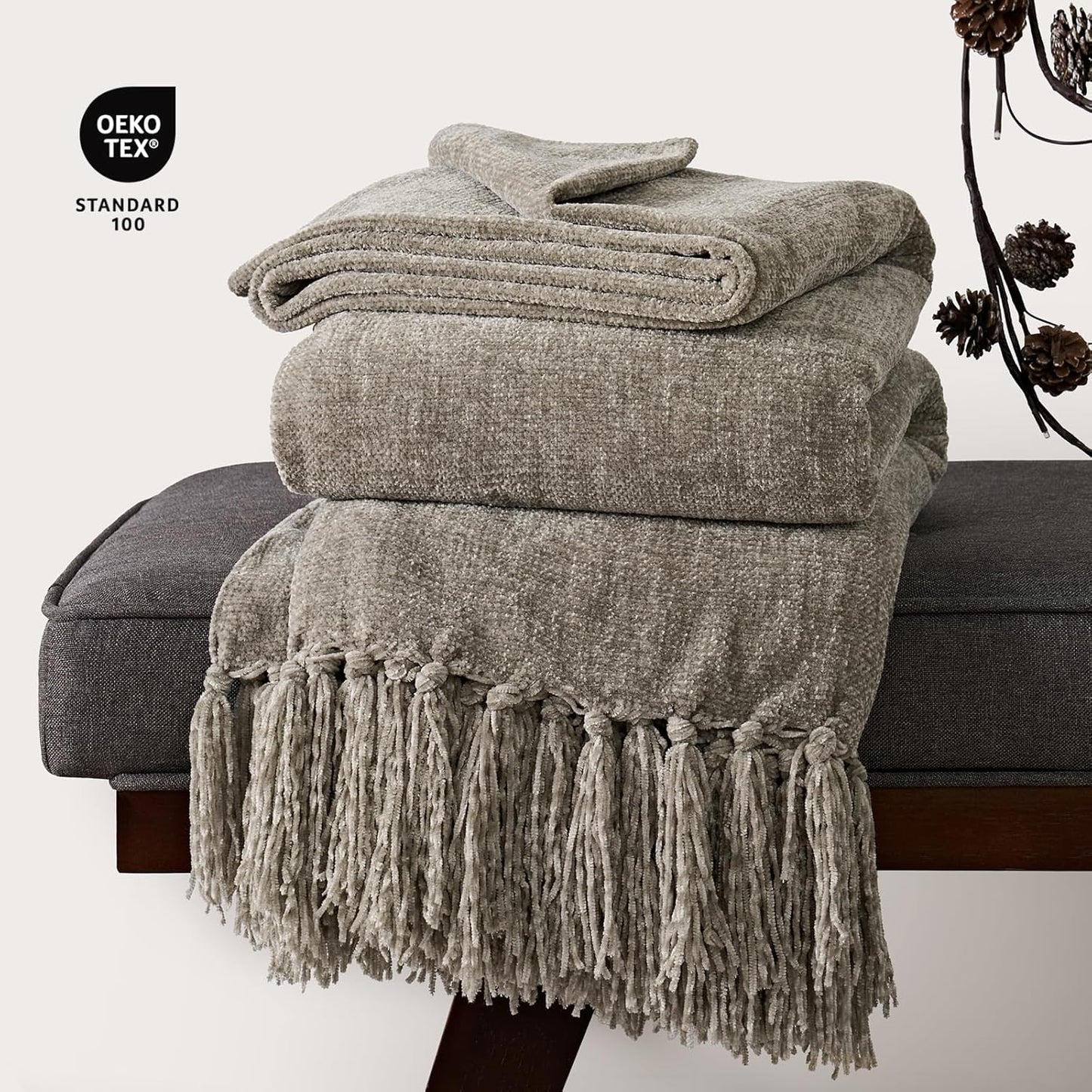 EVERGRACE Soft Chenille Throw Blanket for Couch, Cozy Plush Fuzzy Decorative Chenille Knit Throw Blanket with Tassels, Lightweight Blanket and Throws for Bed Sofa Gift Home Decor, Taupe 60"x80"