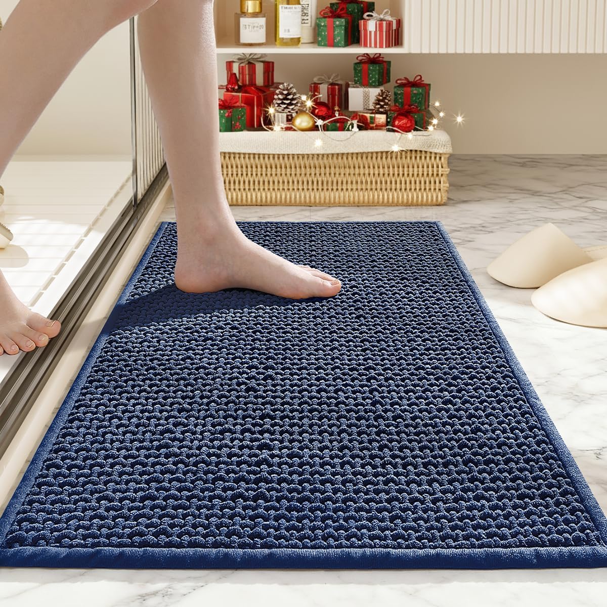 Bathroom Rugs Non Slip Washable, Super Absorbent Thin Bath Mat for Small Quick Dry Low Pile Bathroom Rug, (Navy Blue, 24″x16″)