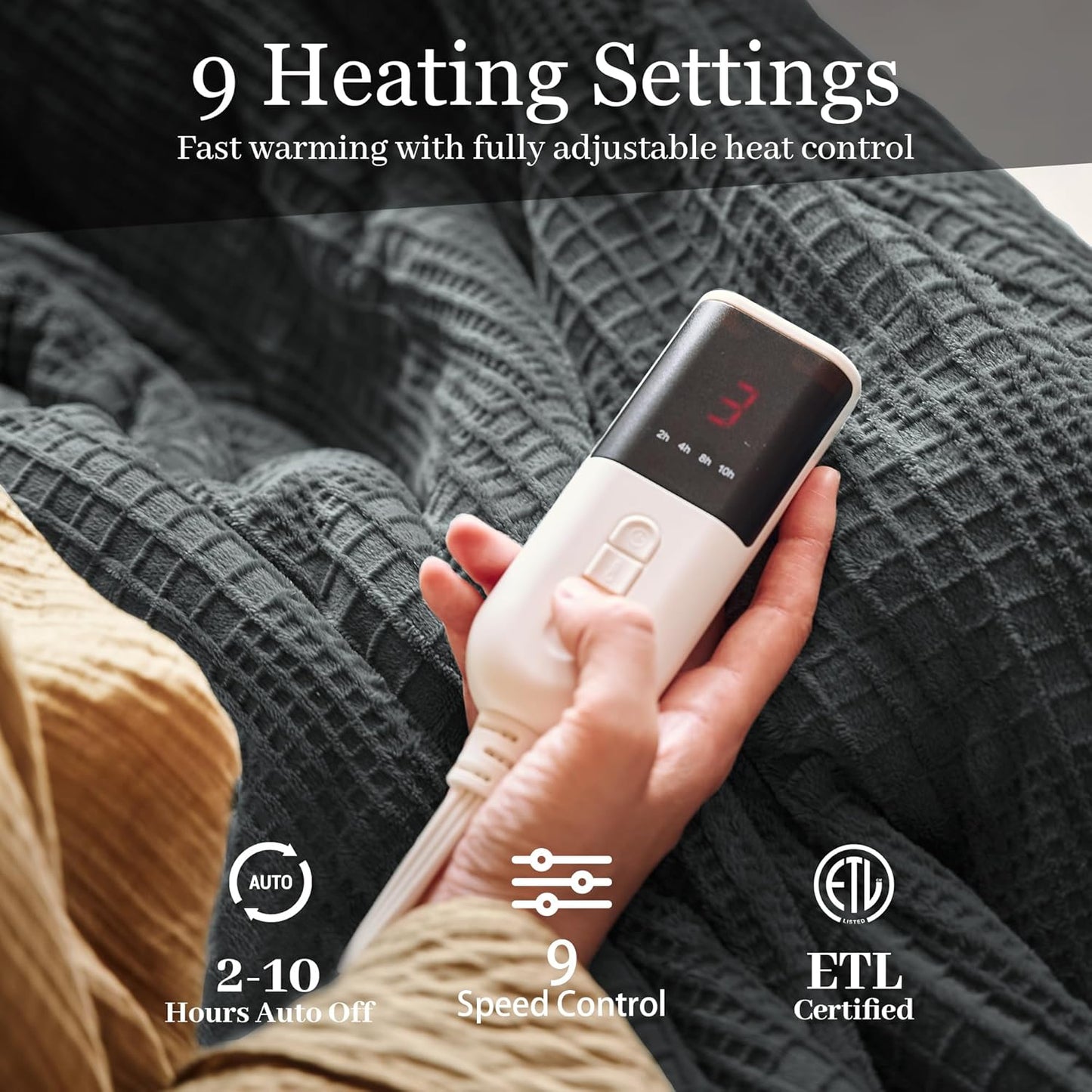 Electric Blanket Full Size 72''X84'' - Heated Blanket with Single Control Fast Heating 9 Heating Levels & 10 Hours Auto Off,ETL Certified Machine Washable (Black)