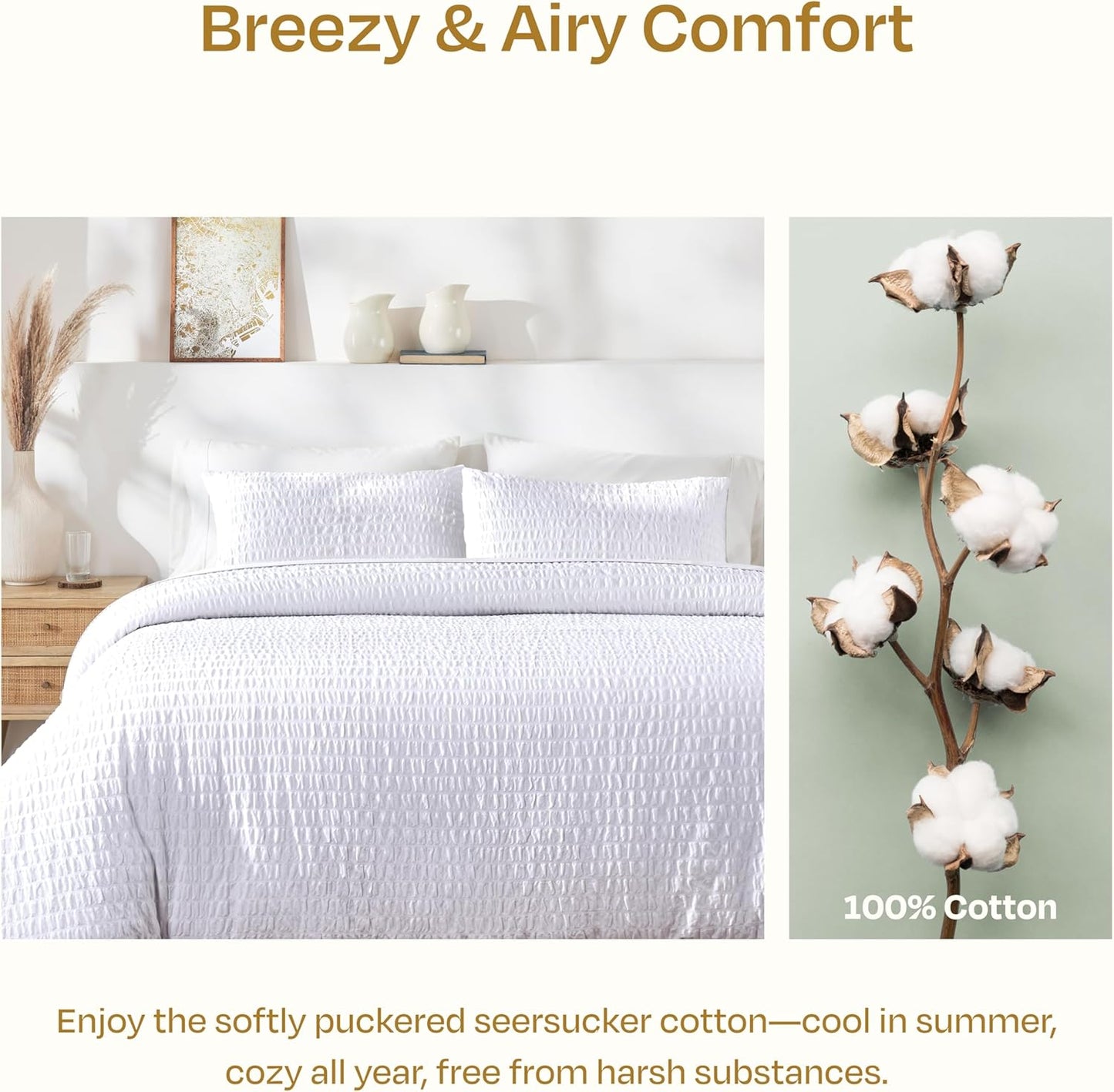 California Design Den Oversized King Duvet Cover Set, 100% Cotton 3 Pc Cover & Sham Set, Soft Textured White Duvet Cover 120" x 98" to Fit Oversized King Size Duvet (Seersucker)