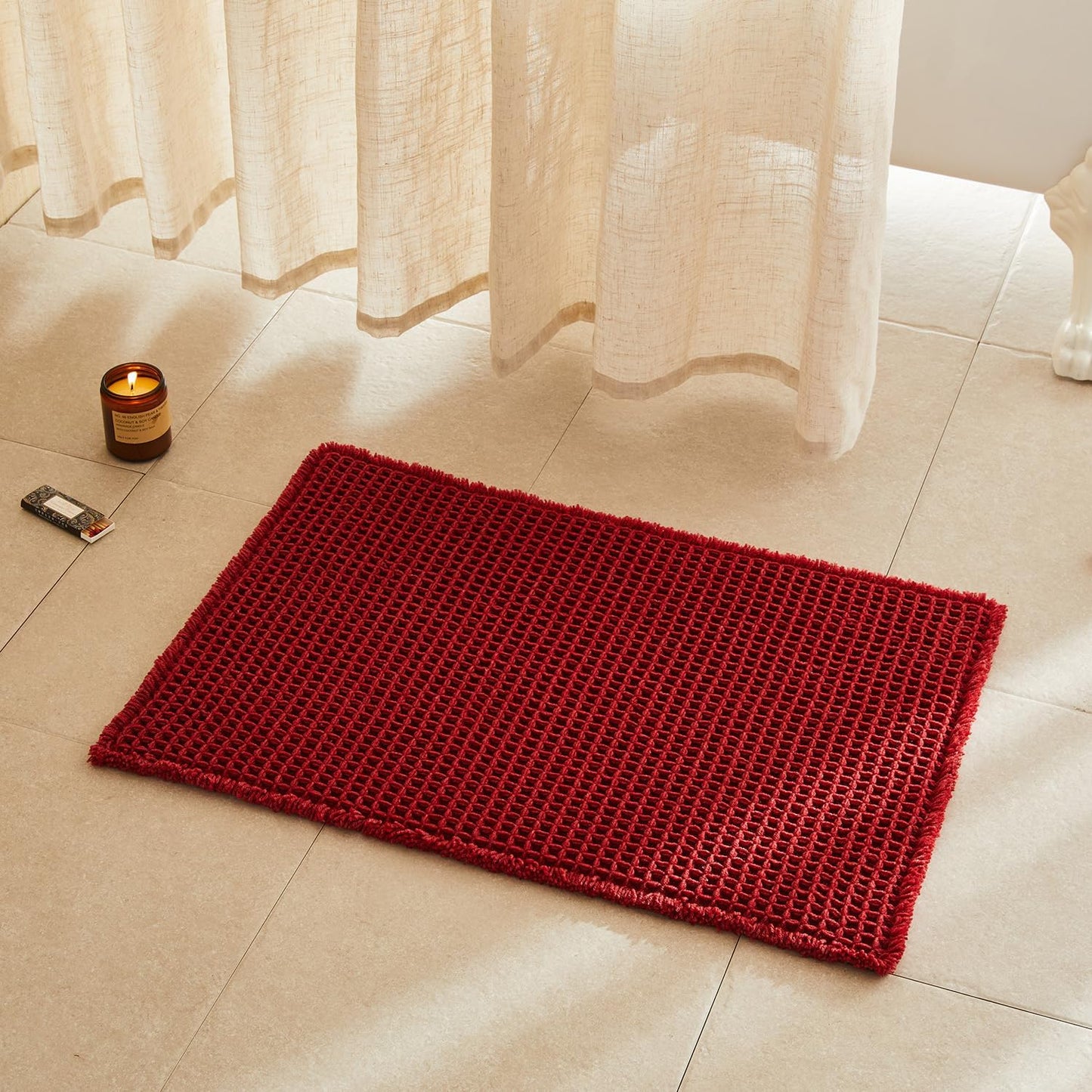 Waffle Bath Mat, Boho Bathroom Rugs Non Slip Washable Super Absorbent Quick Dry Bath Mat Farmhouse Bathroom Decor, 30"x20" Burgundy