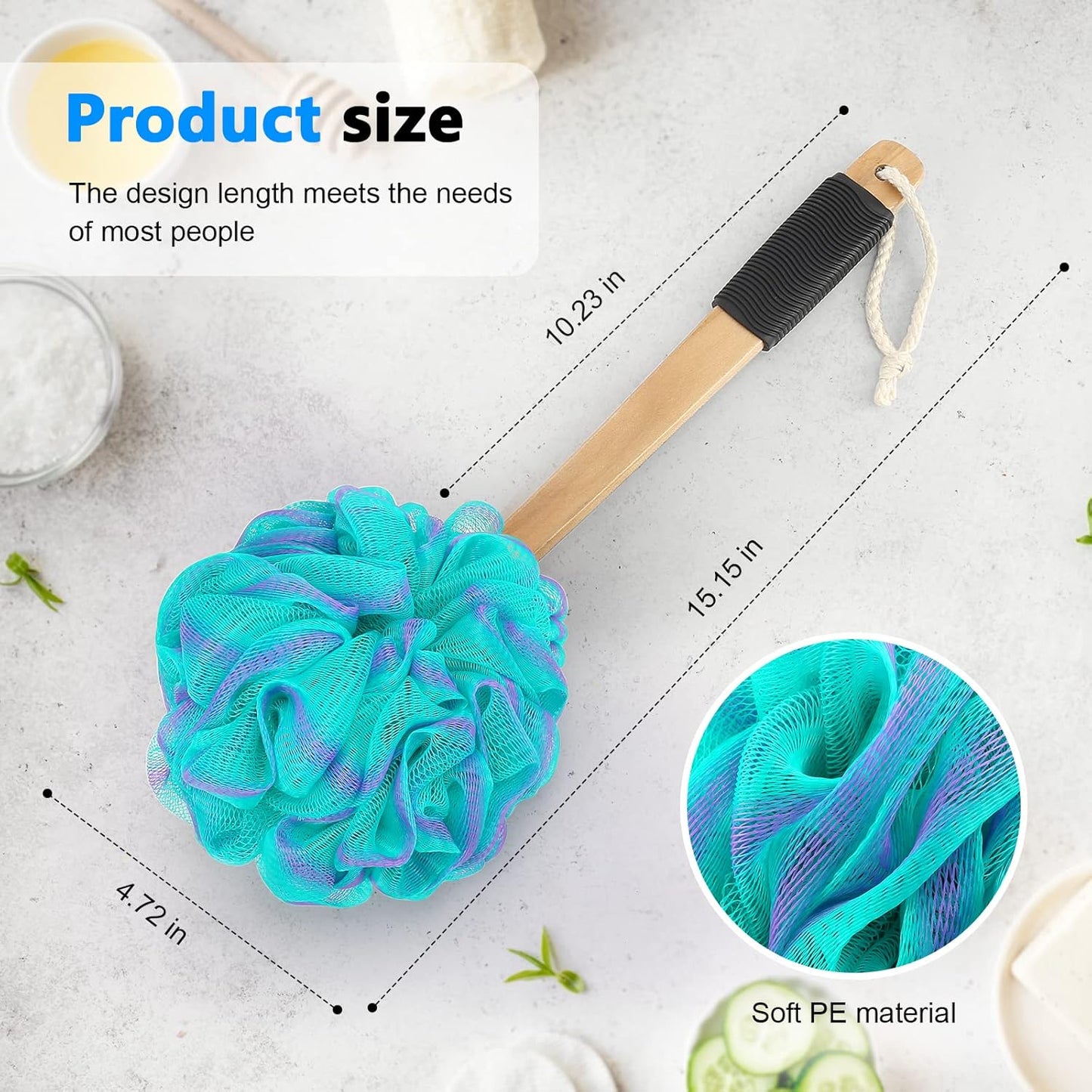 Loofah on a Stick PE Soft Mesh Luffa with Non-Slip Wooden Handle Made of Soft and Sturdy Rubber Material Back Scrubber for Shower for Women and Men with String for Easy Hanging(Green)