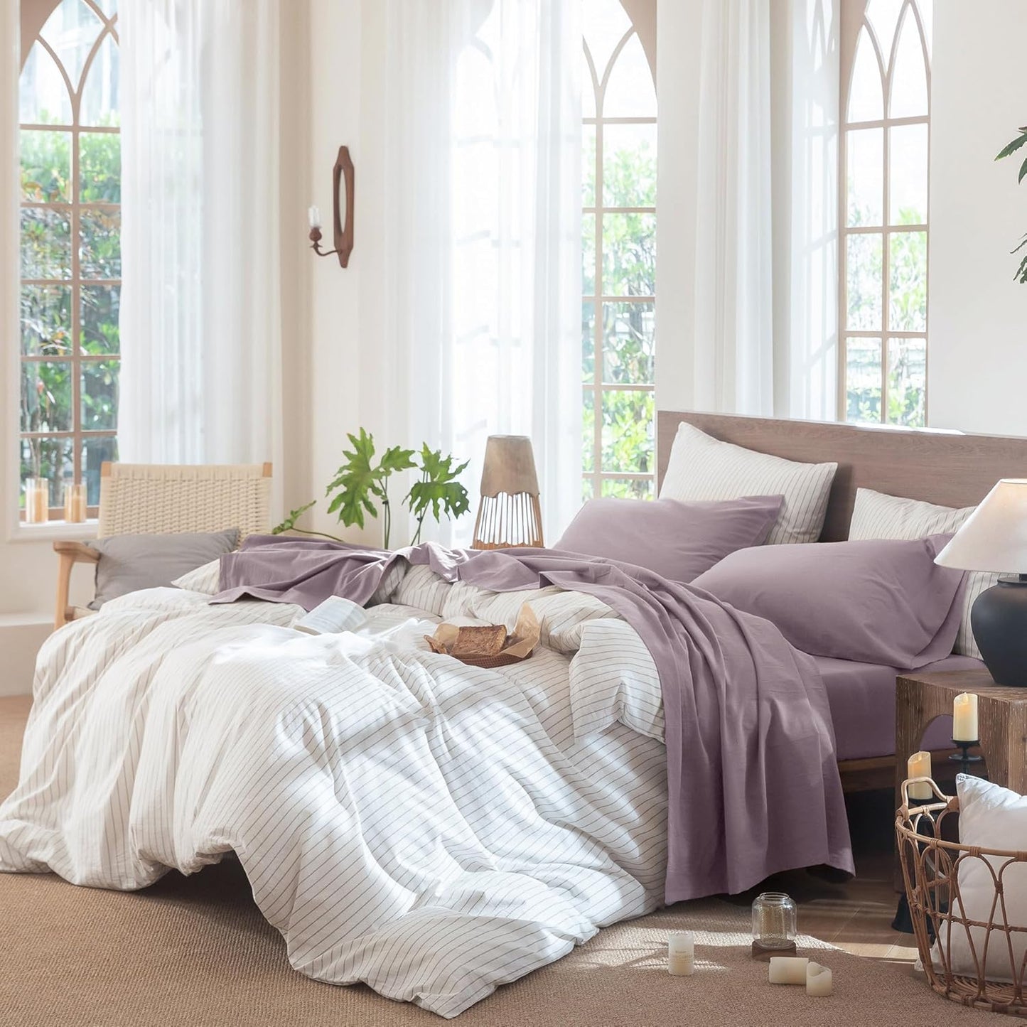 MooMee Bedding Sheet Set 100% Washed Cotton Linen Like Textured Breathable Durable Soft Comfy (Solid Taro Purple, Queen)