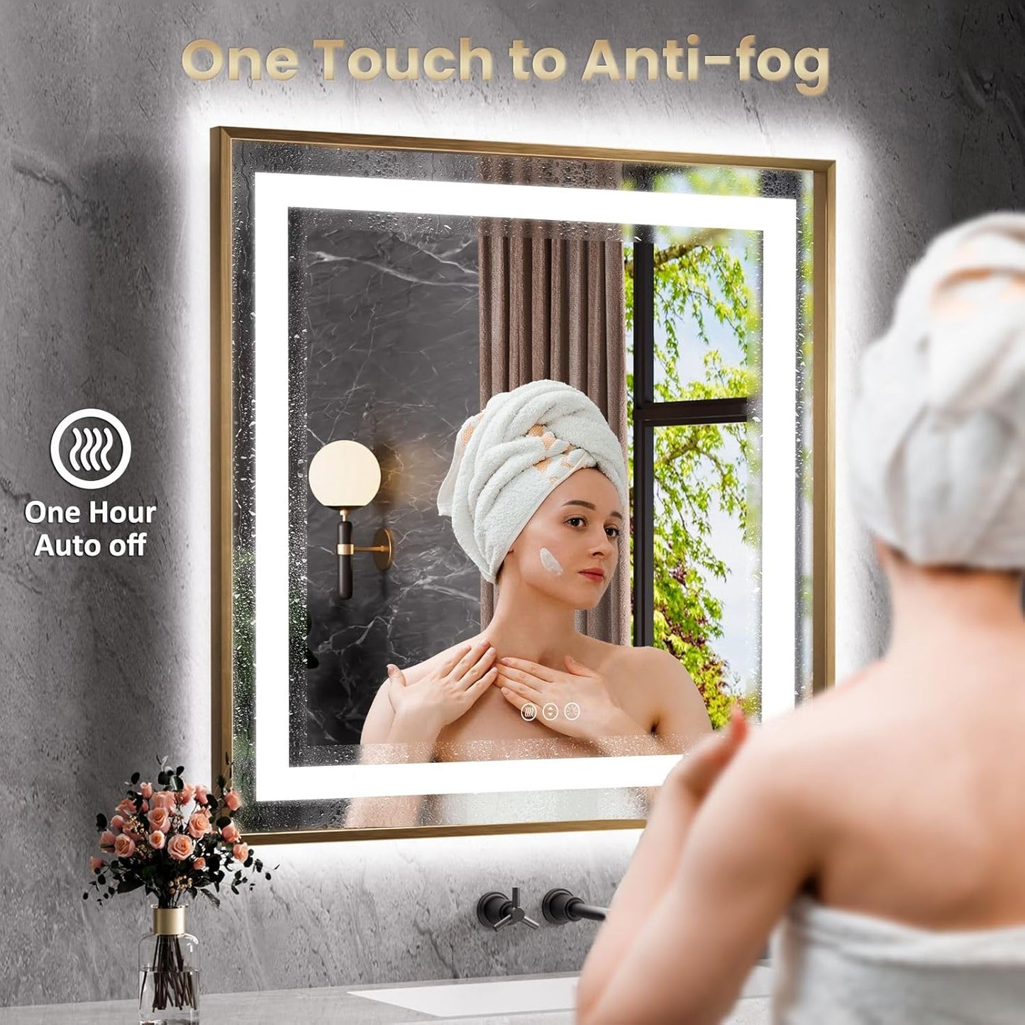 Amorho 48"X36" LED Bathroom Mirror Gold, Metal Framed Mirror with Front Light and Backlit, Stepless Dimmable, Anti-Fog, Shatter-Proof, Memory, 3 Colors