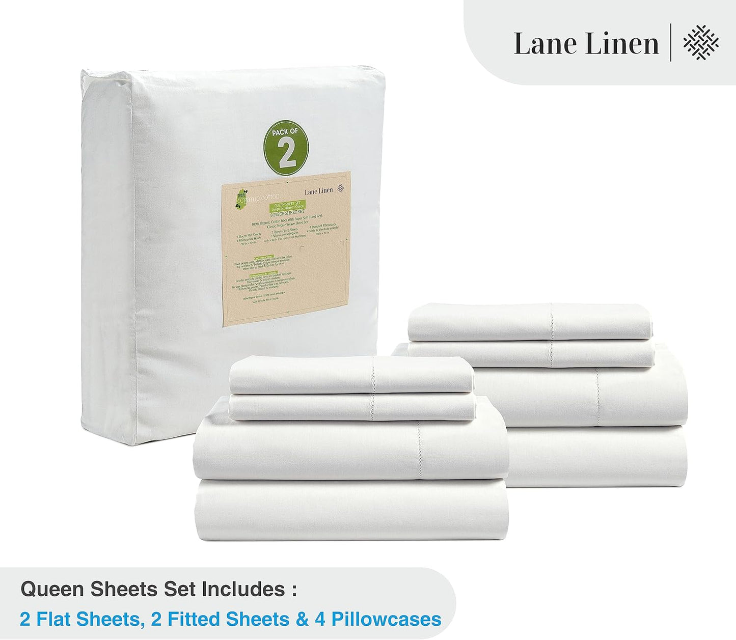 LANE LINEN 100% Organic Cotton Queen Sheets, 8Pc Queen Bed Sheets, Soft & Breathable Queen Size, Crisp Percale Weave, Hotel-Quality Bedding Sheet & Pillowcases - White (2 Pack)