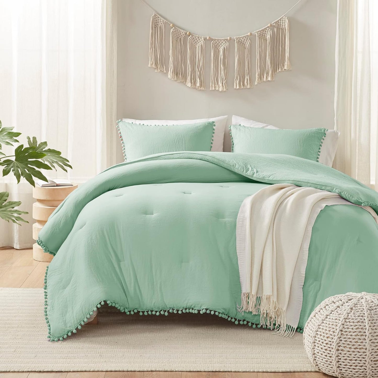 Codi Sage Green King Comforter Set - Boho Chic Bedding with Elegant Pom Fringe, Soft Washed Microfiber 3pc Luxury Set, Lightweight & Breathable for Master Bedroom, 1 Comforter & 2 Pillow Shams