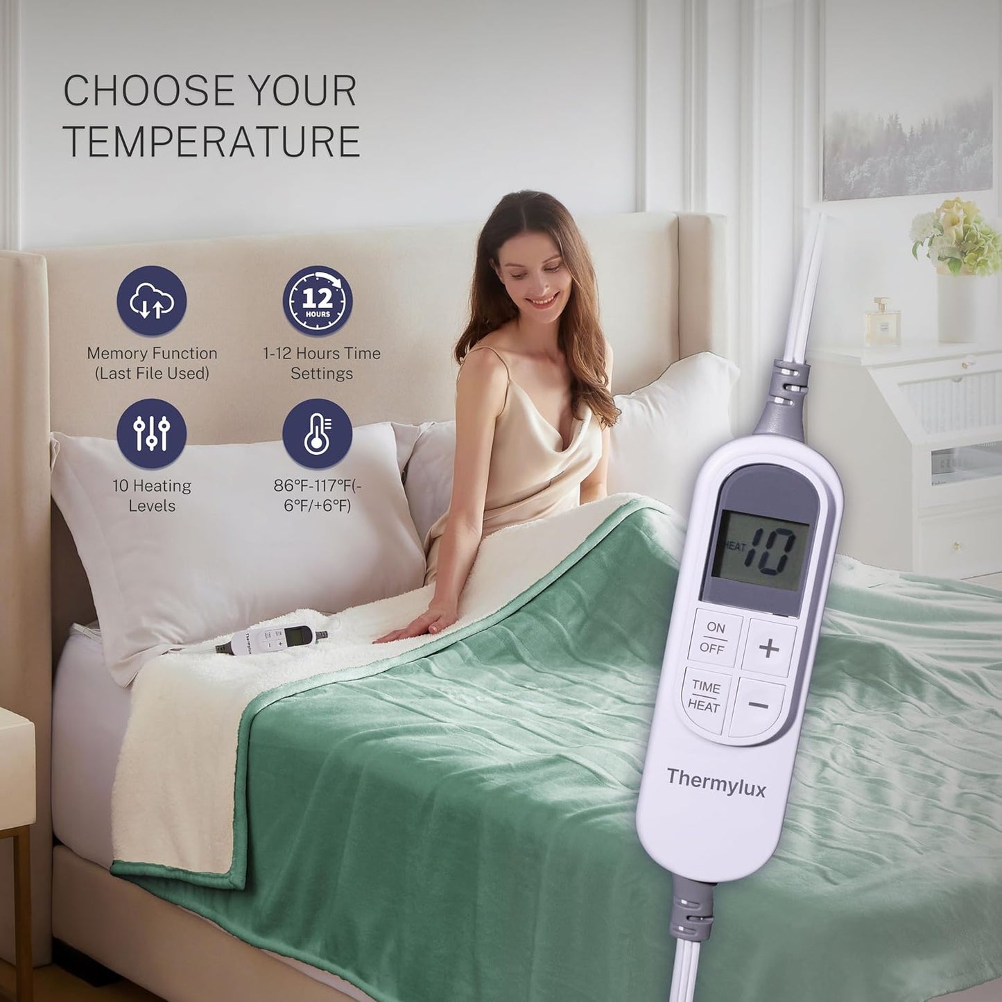 Electric Blanket Throw 50"x60" Heated Electric Blankets 10 Heating Levels 12 Time Settings 3 Hours Auto Off Fast Heating and Overheat Protection ETL Certified Machine Washable,Green