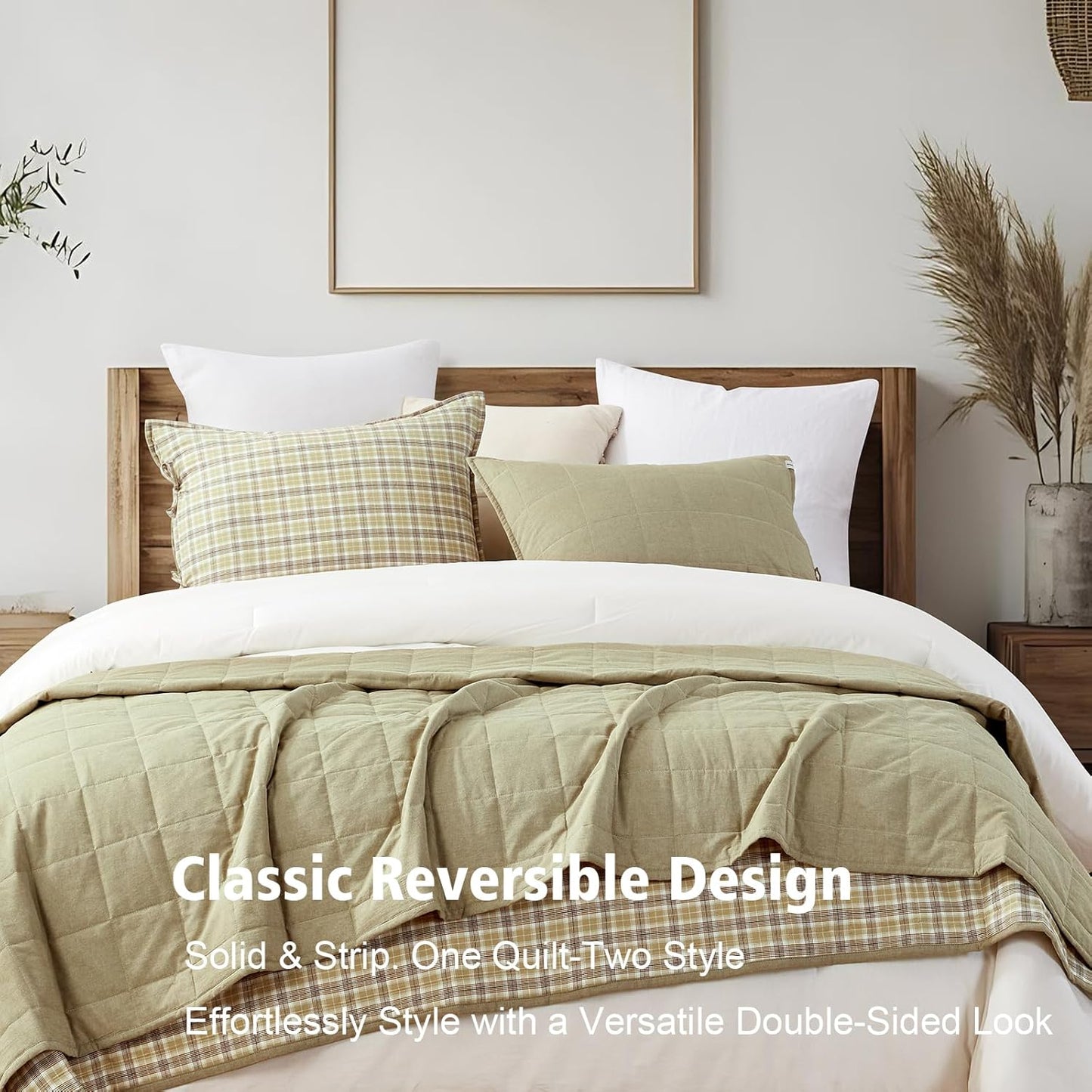 Moss Green Bedspreads Queen Size， Cotton Quilt 3-Pieces Bed Set Queen Size with Green Checked Stone Washed Bedding Coverlet with 2 Pillow Shams