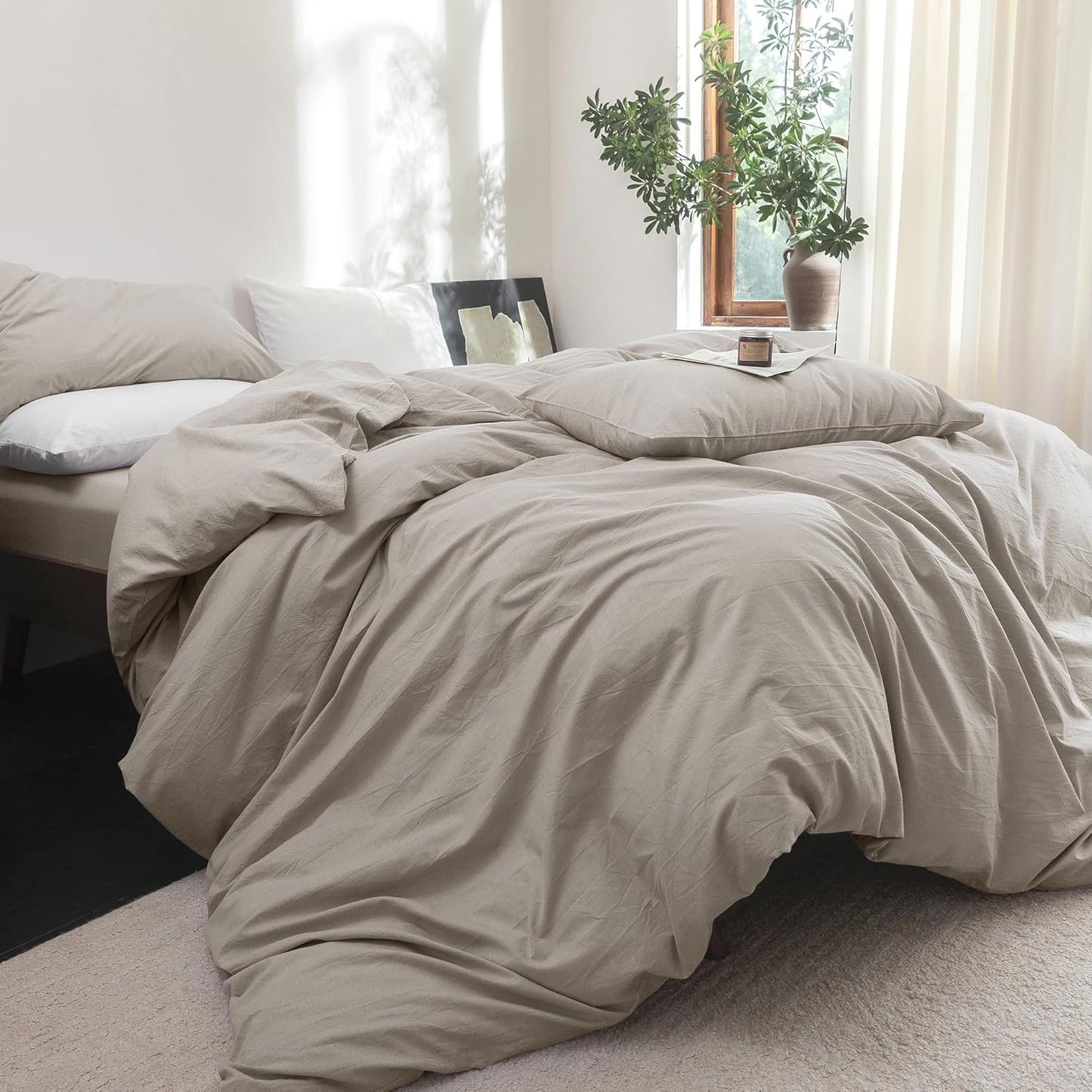 FOSSA Duvet Cover Set 100% Washed Cotton Linen Feel Super Soft Breathable Cozy Simple Style 3 Pieces Bedding Sets Solid Cream Grey Oversized King Plus