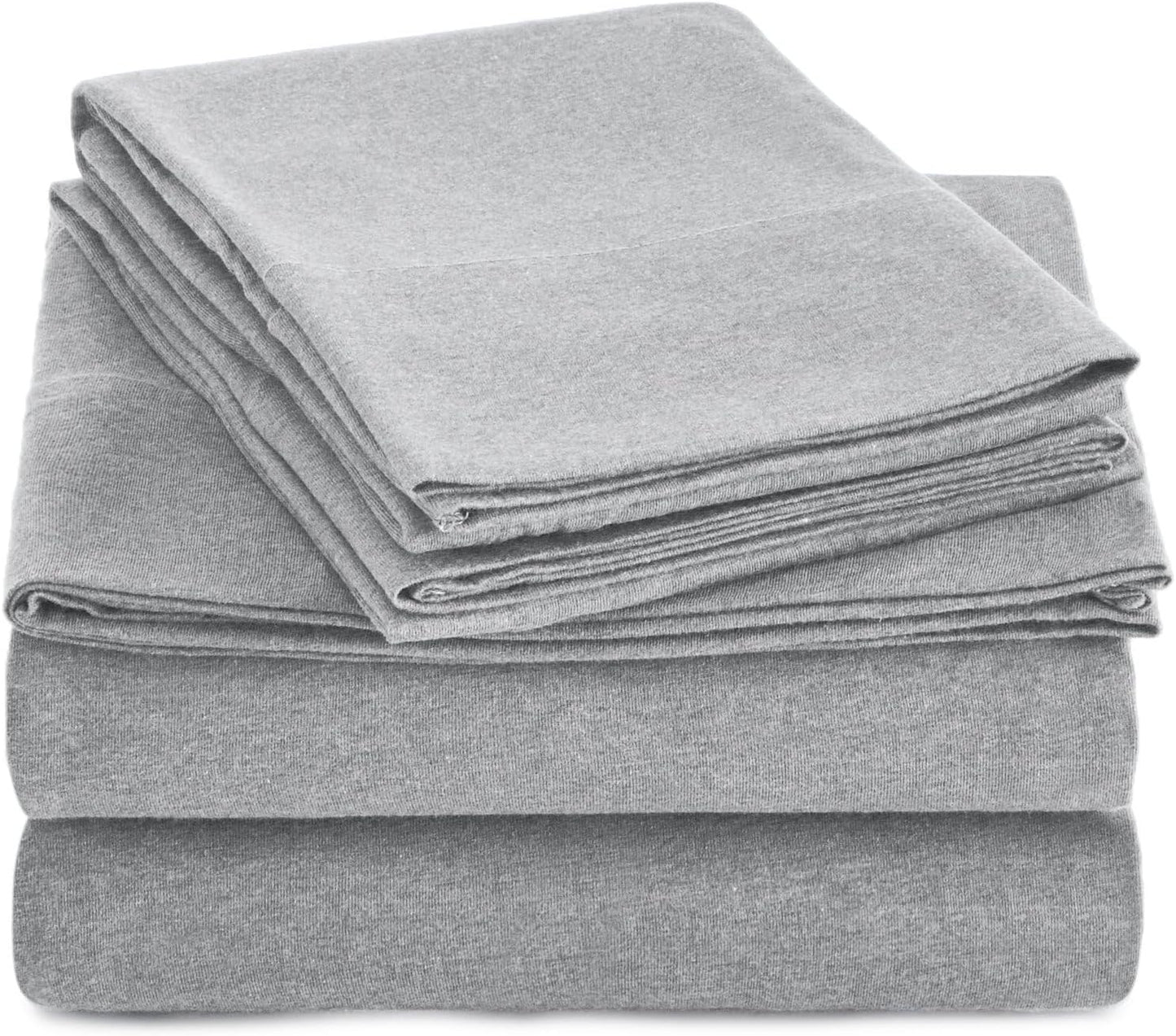Amazon Basics 4 Piece Bed Sheet Set, 100% Cotton Jersey, Includes Super Soft, Flat and Fitted Sheets, Pillowcase, Queen, Light Gray, Solid
