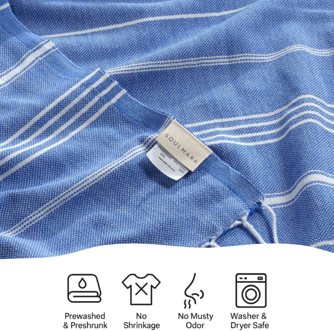 SOULMARK 100% Cotton Turkish Beach Towel with Bag - 38"x71" - 4 Pack - Made in Green & Oeko TEX Certified - Pre-Washed and Sand Free - Quick Dry and Lightweight for Travel - Made in Turkey - Sax Blue